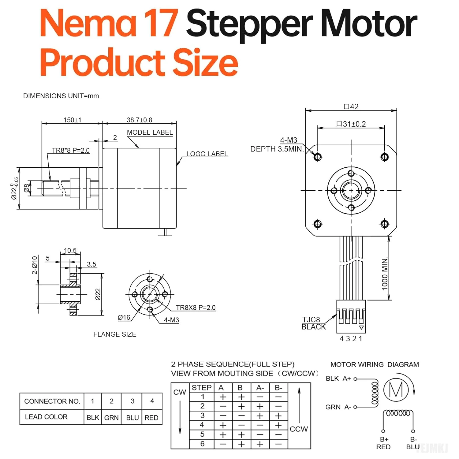 مجموعه 3 عددی موتور پله‌ای Nema 17 مدل TR8x8 150mm به همراه پیچ T8، دو فاز، 1.8 درجه، گشتاور بالا 0.44Nm (62.31oz·in)، دو قطبی 1.7A 2.2Ω 39mm 42 به همراه کابل 1 متری برای پرینتر سه بعدی، ربات DIY و CNC