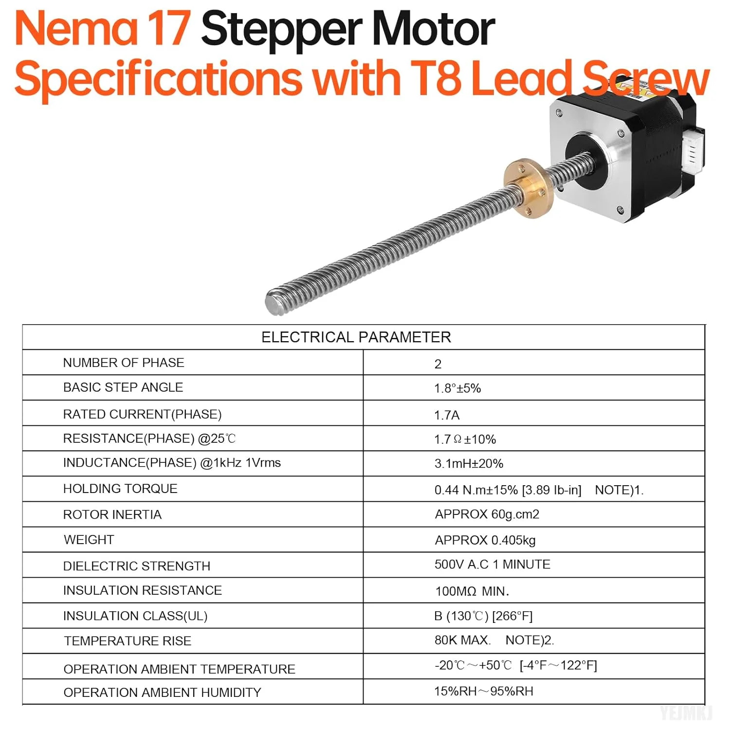 مجموعه ۳ عددی موتور پله ای Nema 17 مدل TR8x8 310mm به همراه پیچ سربی T8، دو فاز، ۱.۸ درجه، گشتاور بالا ۰.۴۴Nm (۶۲.۳۱oz·in)، دوقطبی ۱.۷A، ۱.۷Ω، ۴۰mm، کابل اتصال ۴ سیمه ۱ متری برای پرینتر سه بعدی، ربات DIY و CNC