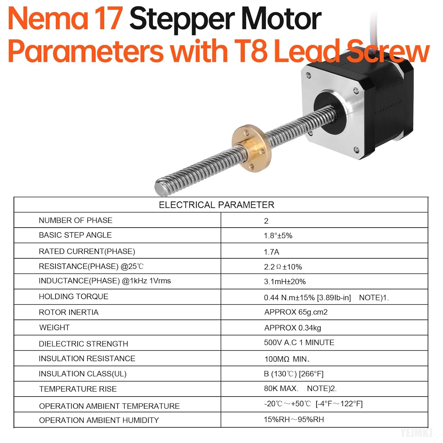 مجموعه 3 عددی موتور پله‌ای Nema 17 مدل TR8x8 150mm به همراه پیچ T8، دو فاز، 1.8 درجه، گشتاور بالا 0.44Nm (62.31oz·in)، دو قطبی 1.7A 2.2Ω 39mm 42 به همراه کابل 1 متری برای پرینتر سه بعدی، ربات DIY و CNC