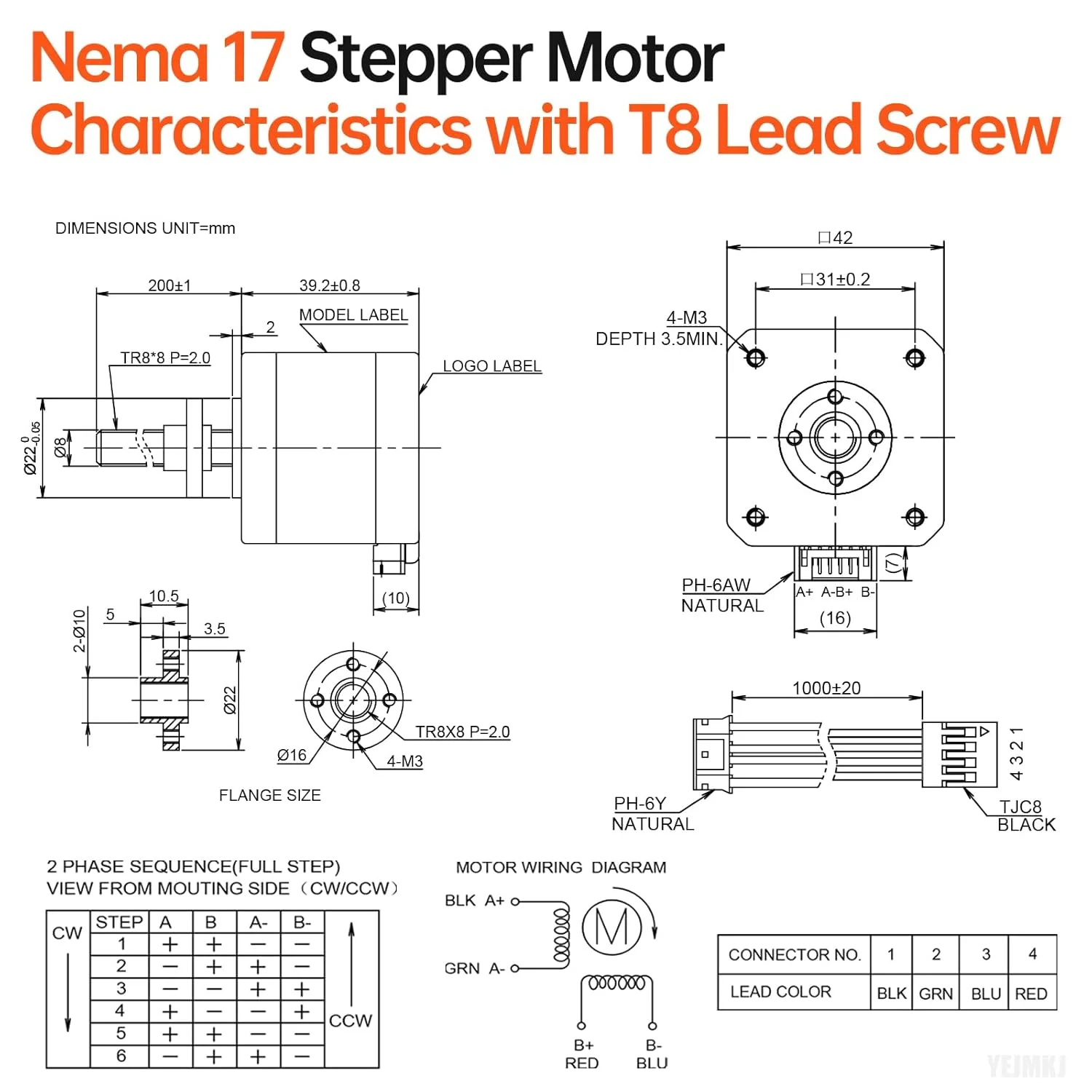 موتور پله ای Nema 17 مدل TR8x8 200mm به همراه پیچ سربی T8 با زاویه گام 1.8 درجه، 2 فاز، گشتاور بالا 0.44Nm (62.31oz·in)، دو قطبی 1.7A 1.7Ω، 40mm، موتور 42 پله، کابل اتصال 4 سیمه 1 متری برای پرینتر سه بعدی، ربات DIY و CNC