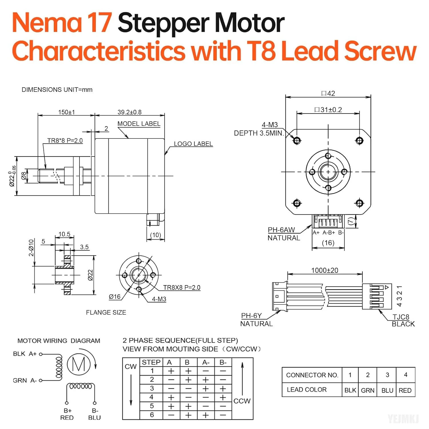 مجموعه 5 عددی موتور پله‌ای Nema 17 مدل TR8x8 150mm به همراه پیچ سربی T8، دو فاز، 1.8 درجه، گشتاور بالا 0.44Nm (62.31oz·in)، 1.7A، 1.7Ω، دوقطبی 42x40mm، کابل اتصال 4 سیمه 1 متری برای پرینتر سه بعدی، ربات DIY و CNC