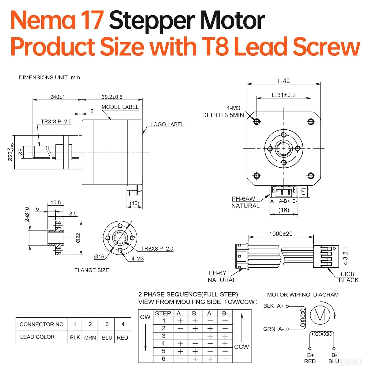 مجموعه 3 عددی موتور پله ای Nema 17 مدل TR8x8 240mm به همراه پیچ سربی T8، دو فاز، 1.8 درجه، گشتاور بالا 0.44Nm (62.31oz·in)، دو قطبی 1.7A 1.7Ω، 40mm، کابل اتصال 4 سیمه 1 متری برای پرینتر سه بعدی، ربات DIY و CNC