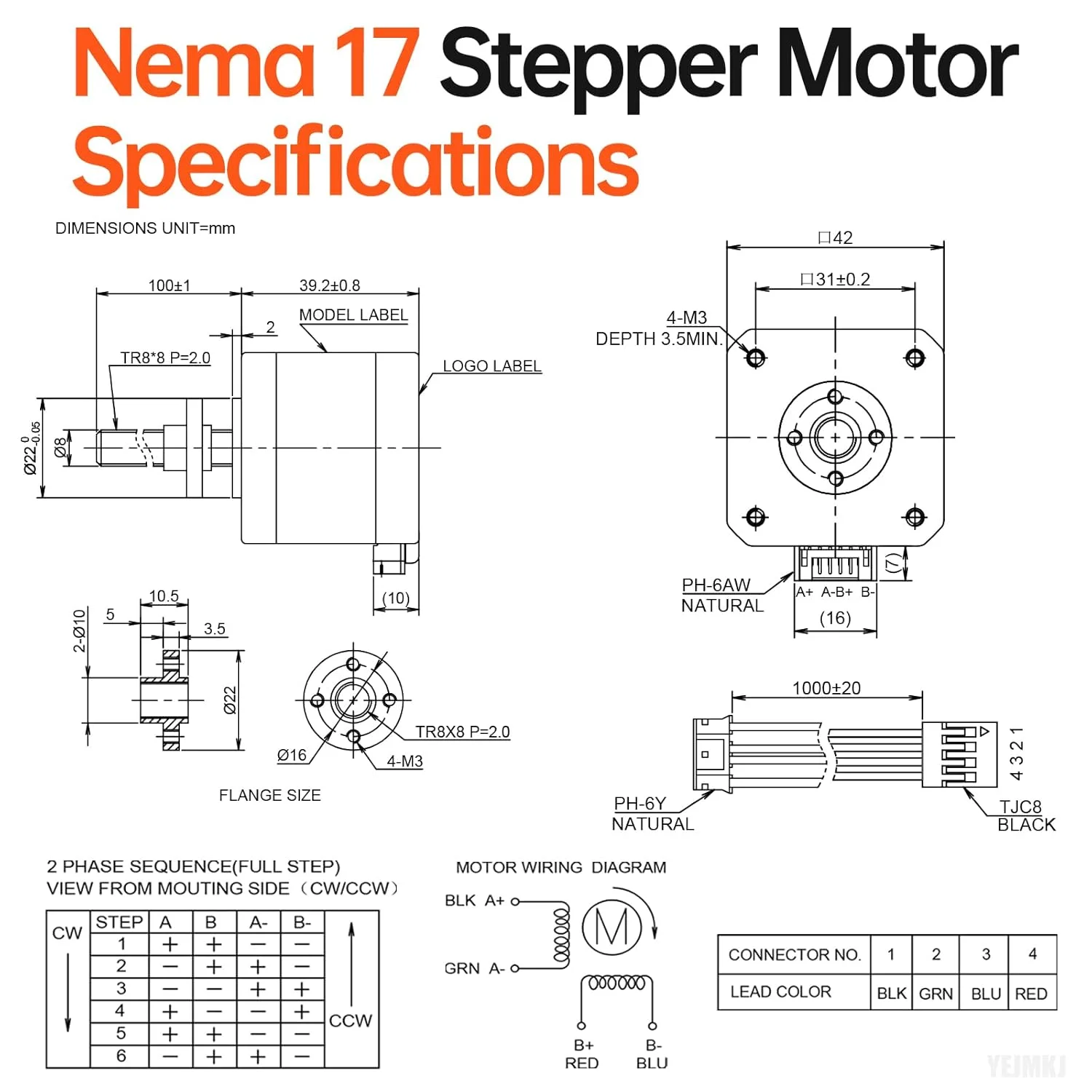 موتور پله ای Nema 17 TR8x8 100mm با پیچ سربی T8، 1.8 درجه، 2 فاز، گشتاور بالا 0.44Nm (62.31oz·in)، دوقطبی 1.7A، 1.7Ω، 42x40mm، موتور پله ای 42، کابل اتصال 4 سیمه 1 متری برای پرینتر سه بعدی، ربات DIY