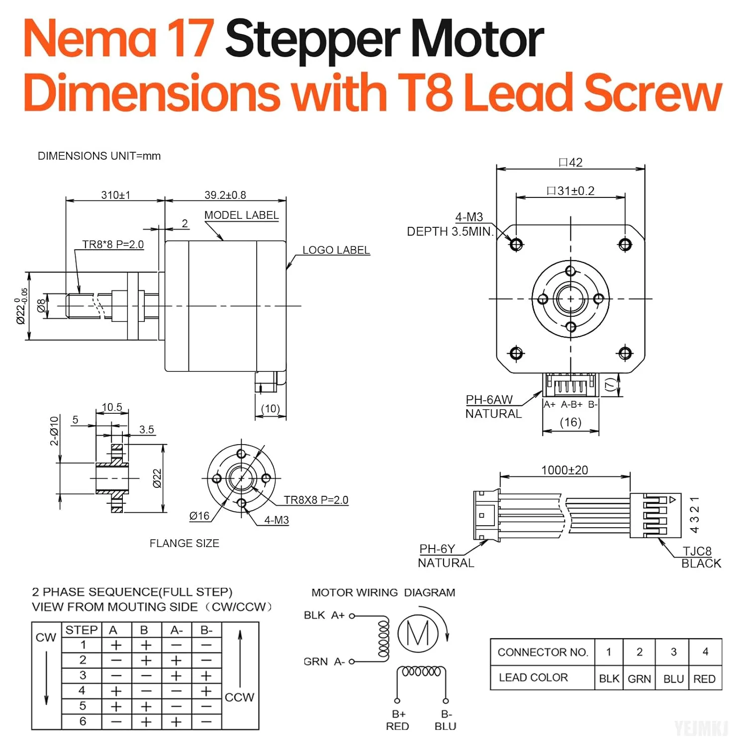 موتور پله‌ای Nema 17 مدل TR8x8 310mm به همراه پیچ سربی T8 با زاویه گام 1.8 درجه، 2 فاز، گشتاور بالا 0.44Nm (62.31oz·in)، دو قطبی 1.7A 1.7Ω، طول 40mm، موتور 42 پله، کابل اتصال 4 سیمه 1 متری برای پرینتر سه بعدی، ربات DIY و CNC