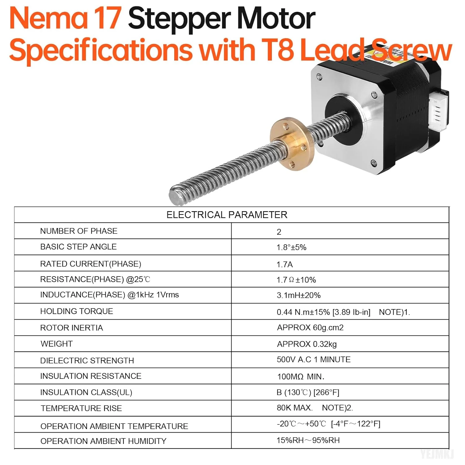 موتور پله ای Nema 17 مدل TR8x8 100mm با پیچ سربی T8، دو فاز 1.8 درجه، گشتاور بالا 0.44Nm (62.31oz·in)، دو قطبی 1.7A 1.7Ω 40mm، کابل اتصال 4 سیم 1 متری برای پرینتر سه بعدی، ربات DIY، CNC (بسته 3 عددی)