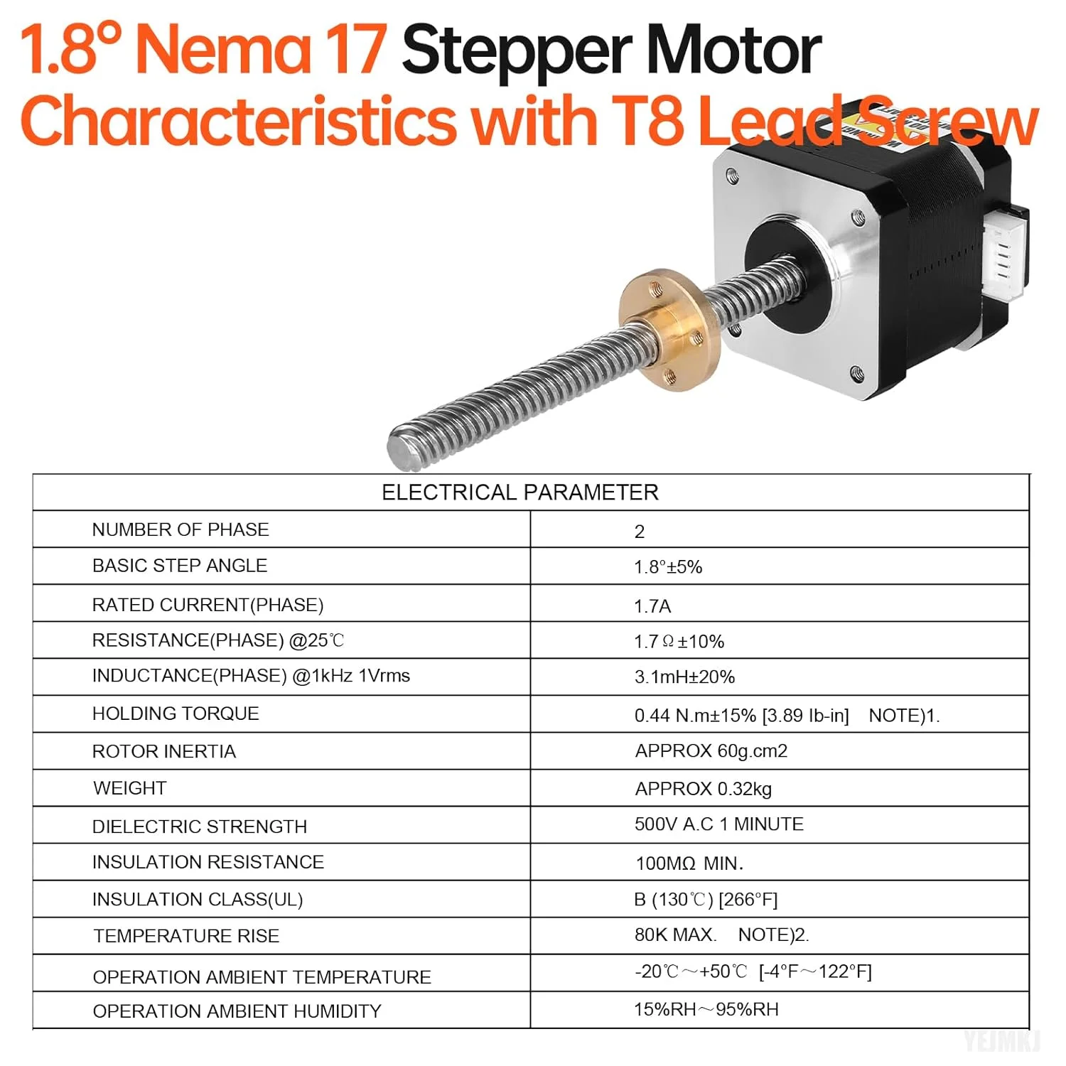 موتور پله ای Nema 17 TR8x8 100mm با پیچ سربی T8، 1.8 درجه، 2 فاز، گشتاور بالا 0.44Nm (62.31oz·in)، دوقطبی 1.7A، 1.7Ω، 42x40mm، موتور پله ای 42، کابل اتصال 4 سیمه 1 متری برای پرینتر سه بعدی، ربات DIY