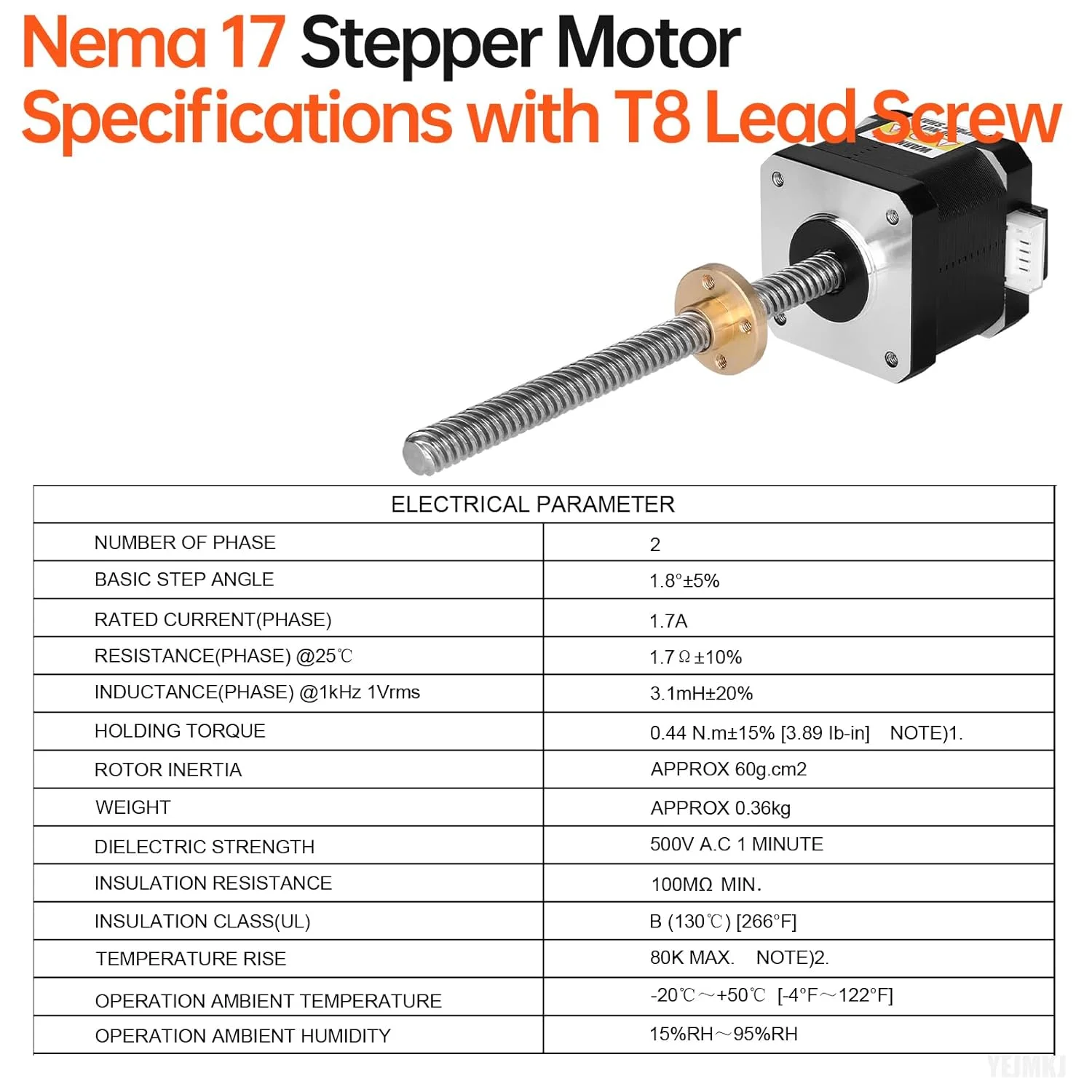 مجموعه 3 عددی موتور پله ای Nema 17 TR8x8 200mm با پیچ سربی T8، دو فاز 1.8 درجه، گشتاور بالا 0.44Nm (62.31oz·in)، دوقطبی 1.7A 1.7Ω 40mm، کابل اتصال 4 سیم 1 متری برای پرینتر سه بعدی، ربات DIY، CNC