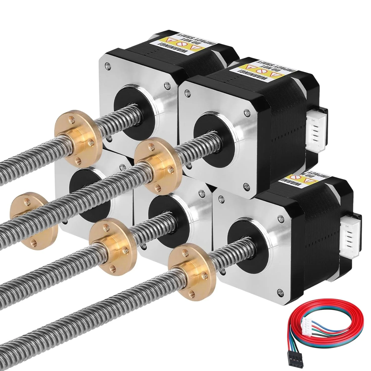 مجموعه 5 عددی موتور پله‌ای Nema 17 TR8x8 300mm به همراه پیچ سربی T8، دو فاز، 1.8 درجه، گشتاور بالا 0.44Nm (62.31oz·in)، 1.7A، 1.7Ω، دوقطبی 42x40mm، کابل اتصال 4 سیمه 1 متری برای پرینتر سه بعدی، ربات DIY، CNC