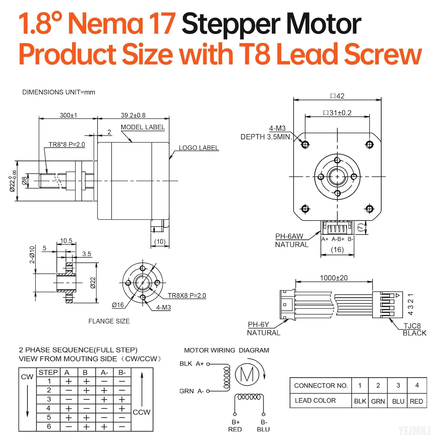 موتور پله ای Nema 17 TR8x8 300mm با پیچ سربی T8، دو فاز، 1.8 درجه، گشتاور بالا 0.44Nm (62.31oz·in)، دوقطبی 1.7A، 1.7Ω، 40mm، موتور پله ای 42، کابل اتصال 4 سیم 1 متری برای پرینتر سه بعدی، ربات DIY، CNC