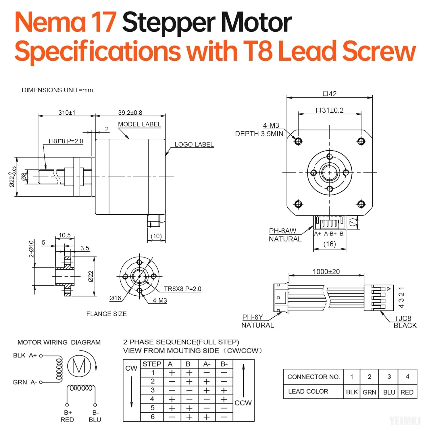 مجموعه 5 عددی موتور پله‌ای Nema 17 TR8x8 310mm به همراه پیچ سربی T8 با گام 1.8 درجه، 2 فاز، گشتاور بالا 0.44Nm (62.31oz·in)، 1.7A، 1.7Ω، دو قطبی 42x40mm، کابل اتصال 4 سیمه 1 متری برای پرینتر سه بعدی، ربات DIY و CNC