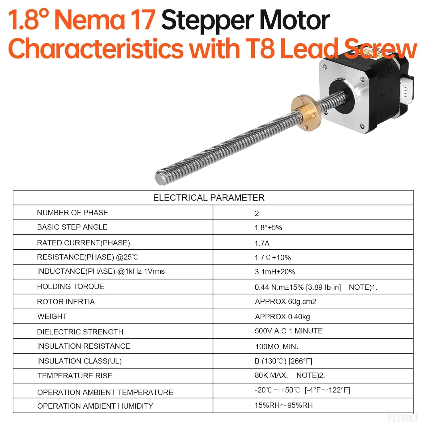 موتور پله ای Nema 17 TR8x8 300mm با پیچ سربی T8، دو فاز، 1.8 درجه، گشتاور بالا 0.44Nm (62.31oz·in)، دوقطبی 1.7A، 1.7Ω، 40mm، موتور پله ای 42، کابل اتصال 4 سیم 1 متری برای پرینتر سه بعدی، ربات DIY، CNC