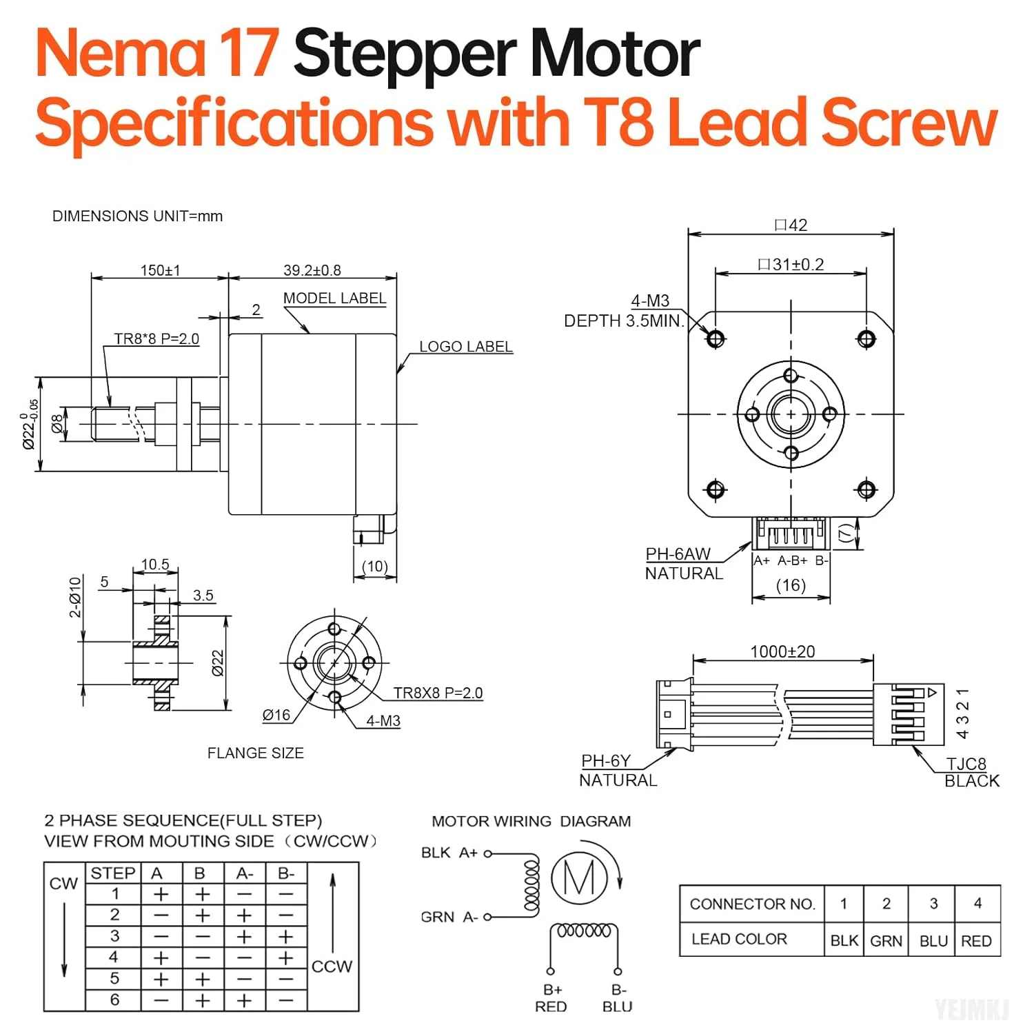 موتور پله‌ای Nema 17 TR8x8 150mm با پیچ سربی T8، دو فاز 1.8 درجه، گشتاور بالا 0.44Nm، دو قطبی 1.7A 1.7Ω 40mm 42 موتور پله‌ای، کابل اتصال 4 سیمه 1 متری برای پرینتر سه بعدی، ربات DIY، CNC