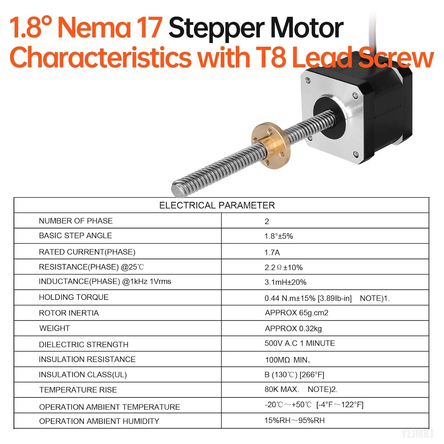 موتور پله‌ای Nema 17 مدل TR8x8 100mm به همراه پیچ سربی T8، دو فاز، 1.8 درجه، گشتاور بالا 0.44Nm (62.31oz·in)، دو قطبی 1.7A 2.2Ω، 42x39mm، 4 سیم به همراه کابل 1 متری برای پرینتر سه بعدی، ربات DIY و دستگاه CNC