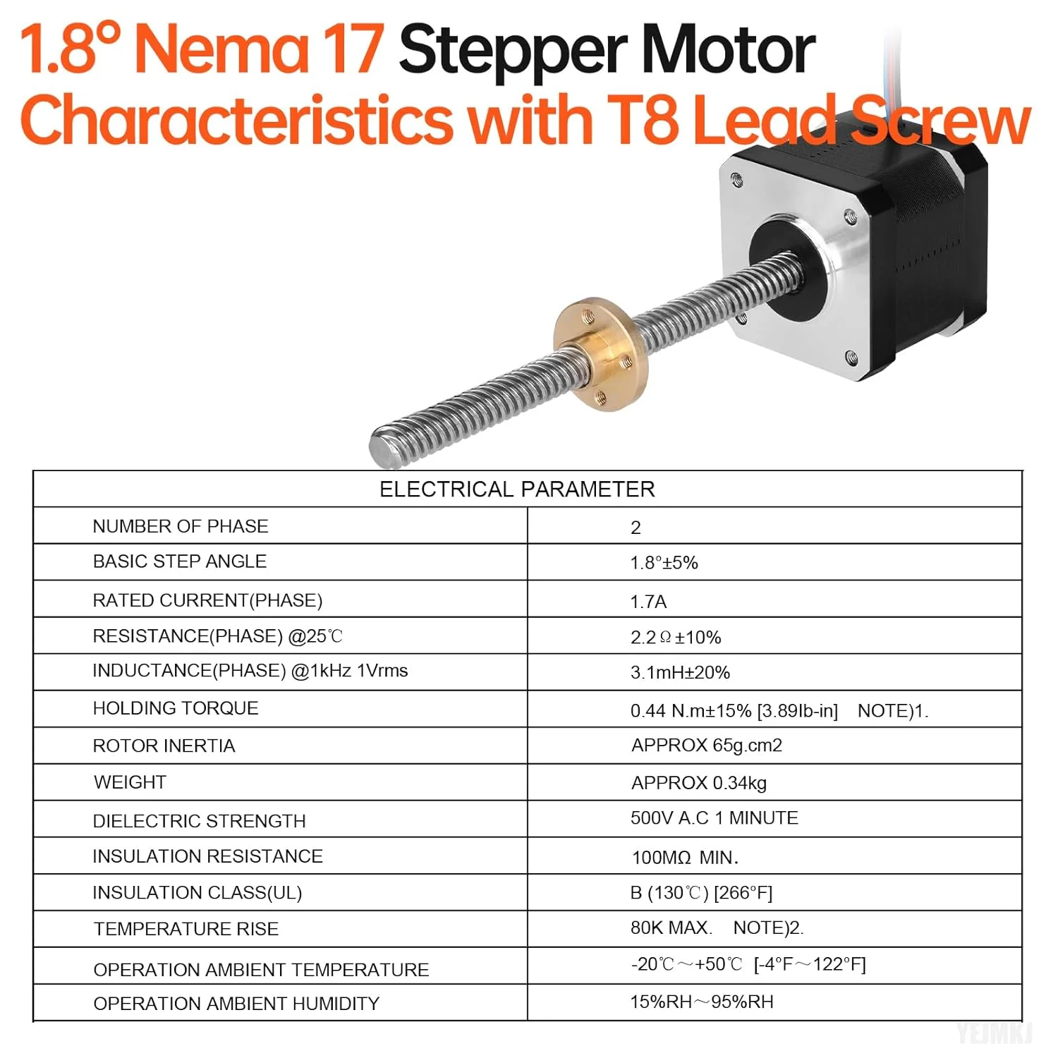 بسته 5 عددی موتور پله‌ای Nema 17 TR8x8 150mm با پیچ سربی T8، 1.8 درجه، 2 فاز، گشتاور بالا 0.44Nm (62.31oz·in)، 1.7A، 2.2Ω، دوقطبی 42x39mm، کابل 4 سیمه 1 متری برای پرینتر سه بعدی، ربات DIY، دستگاه CNC