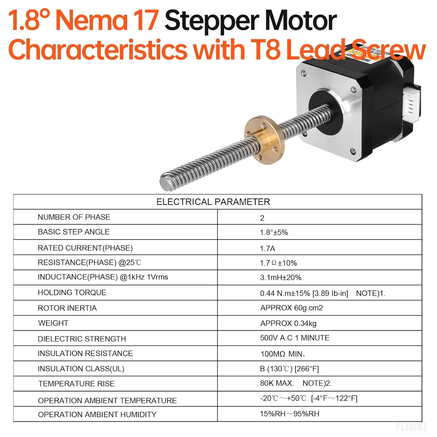 موتور پله‌ای Nema 17 TR8x8 150mm با پیچ سربی T8، دو فاز 1.8 درجه، گشتاور بالا 0.44Nm، دو قطبی 1.7A 1.7Ω 40mm 42 موتور پله‌ای، کابل اتصال 4 سیمه 1 متری برای پرینتر سه بعدی، ربات DIY، CNC