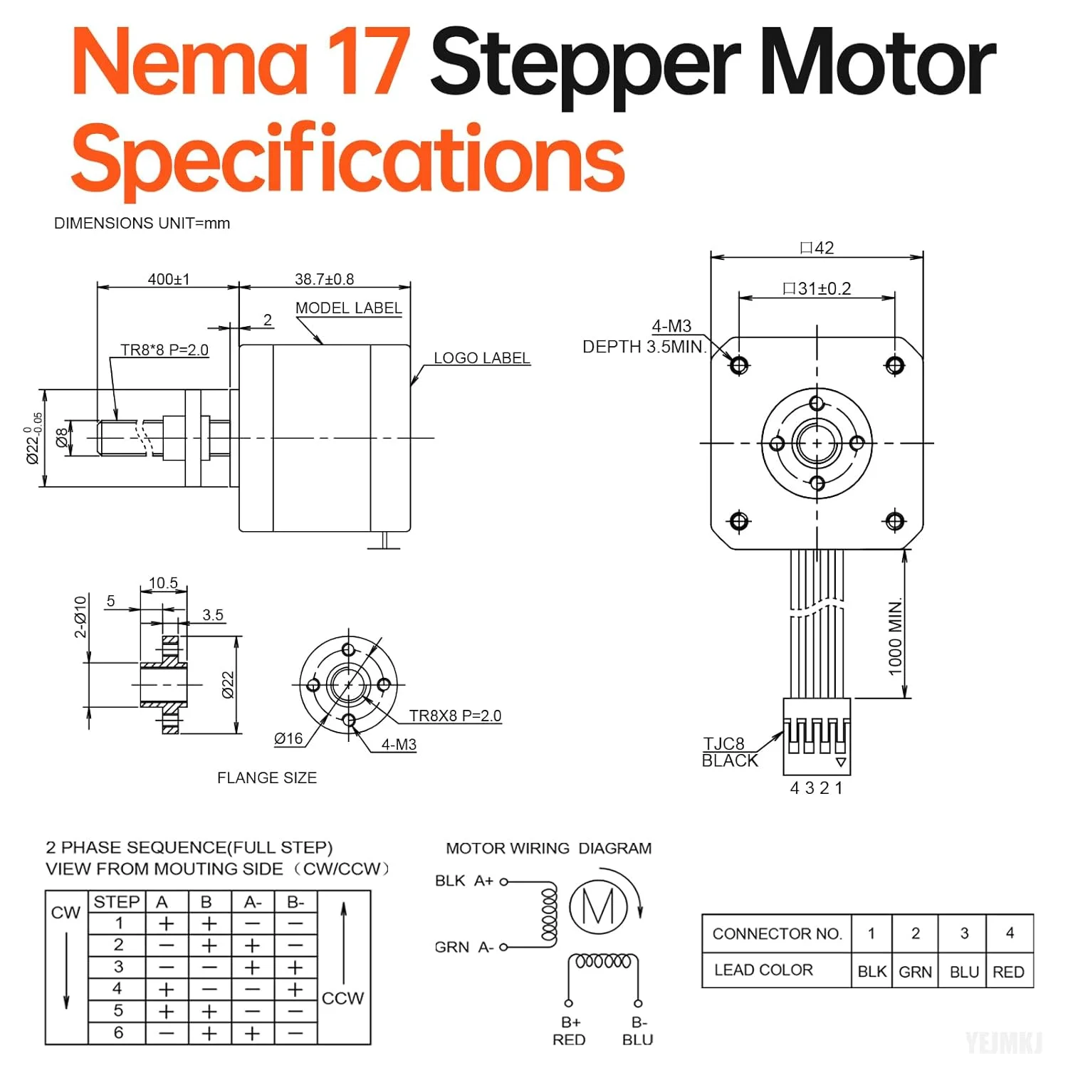 5 Pack Nema 17 Stepper Motor TR8x8 400mm with T8 Lead Screw 2 Phase 1.8‌°‌ High Torque 0.44Nm (62.31oz·in) 1.7A 2.2Ω Bipolar 42x39mm 4-Wire Cable 1M for 3D Printer DIY Robot CNC Machine