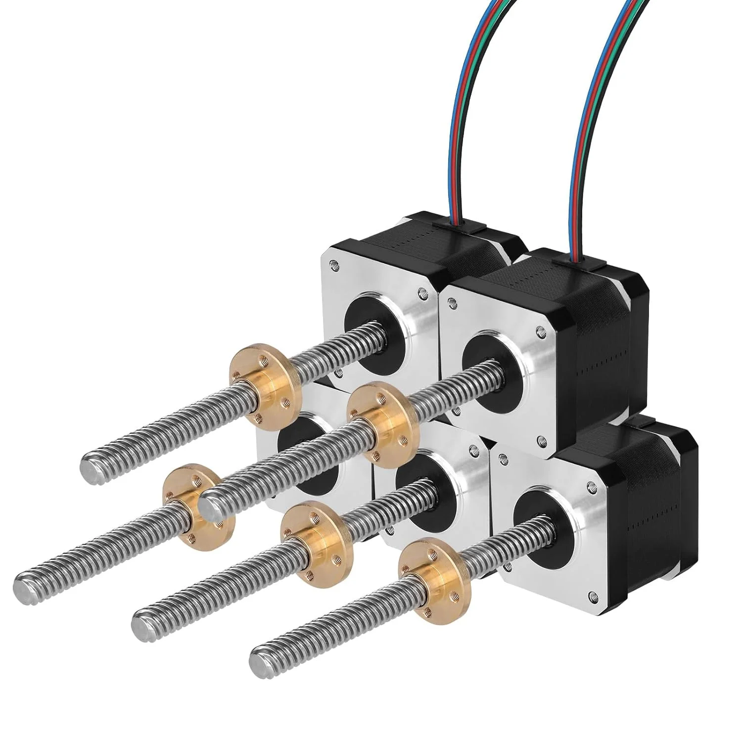 مجموعه 5 عددی موتور پله‌ای Nema 17 مدل TR8x8 100mm به همراه پیچ سربی T8، دو فاز، گشتاور بالا 0.44Nm (62.31oz·in)، 1.7A، 2.2Ω، دو قطبی، 42x39mm، کابل 4 سیمه 1 متری برای پرینتر سه بعدی، ربات DIY و دستگاه CNC