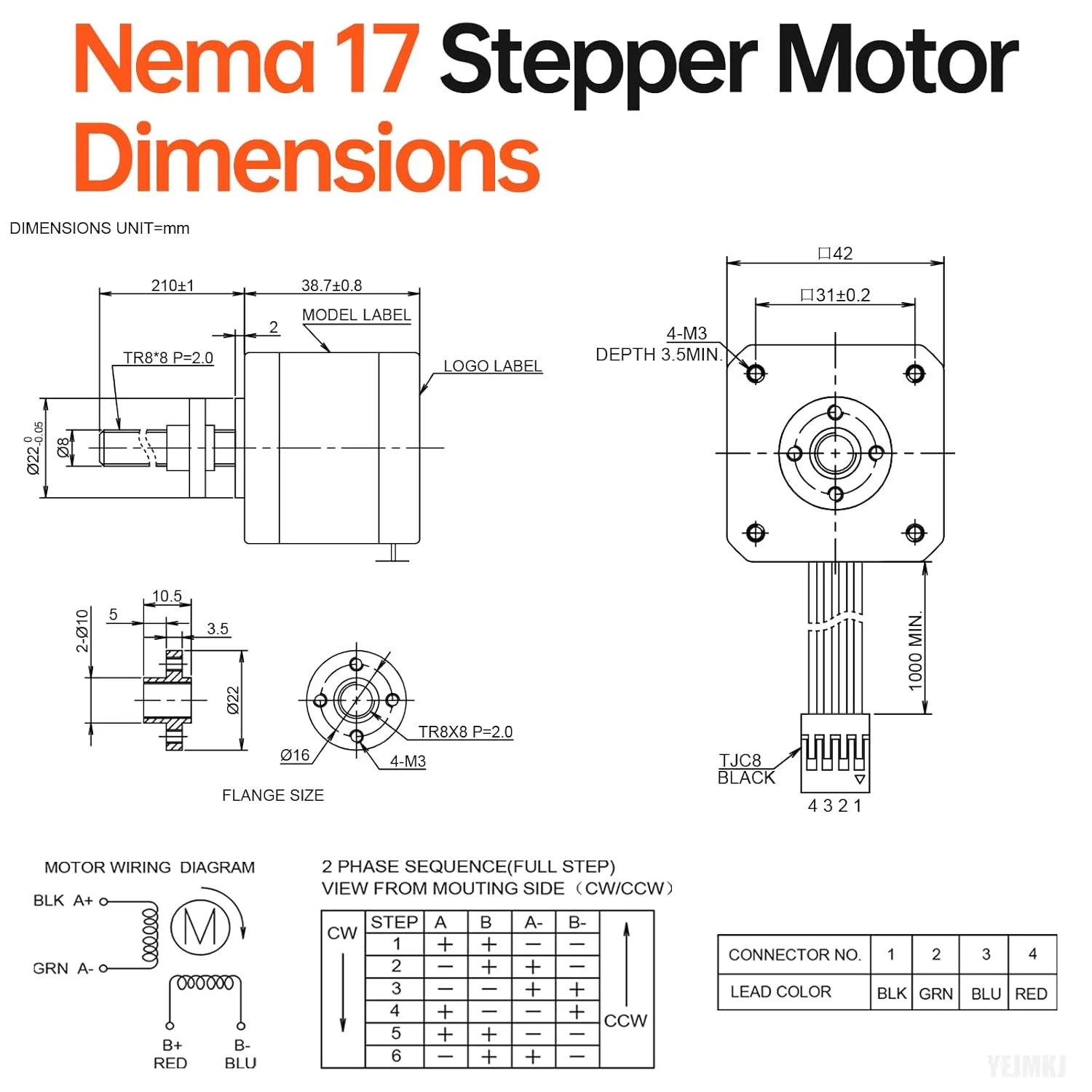 موتور پله‌ای Nema 17 مدل TR8x8 210mm به همراه پیچ سربی T8 با زاویه گام 1.8 درجه، 2 فاز، گشتاور بالا 0.44Nm (62.31oz·in)، دو قطبی 1.7A 2.2Ω، ابعاد 42x39mm، 4 سیم به همراه کابل 1 متری برای پرینتر سه بعدی، ربات DIY و دستگاه CNC