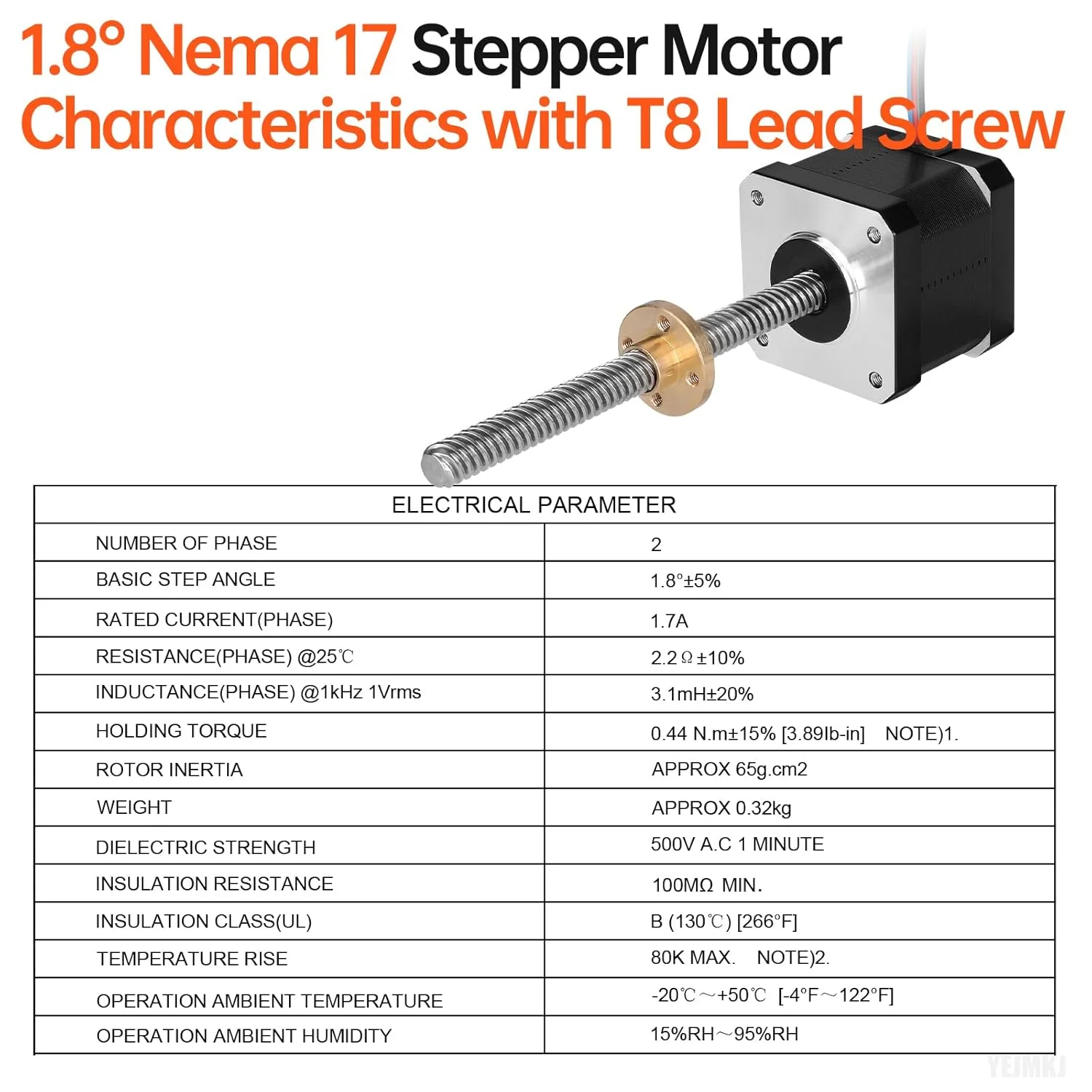 مجموعه 5 عددی موتور پله‌ای Nema 17 مدل TR8x8 100mm به همراه پیچ سربی T8، دو فاز، گشتاور بالا 0.44Nm (62.31oz·in)، 1.7A، 2.2Ω، دو قطبی، 42x39mm، کابل 4 سیمه 1 متری برای پرینتر سه بعدی، ربات DIY و دستگاه CNC