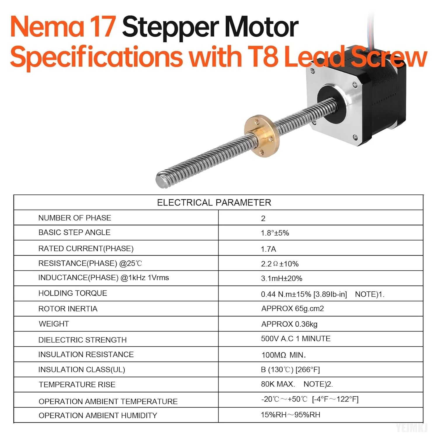 موتور پله‌ای Nema 17 مدل TR8x8 210mm به همراه پیچ سربی T8 با زاویه گام 1.8 درجه، 2 فاز، گشتاور بالا 0.44Nm (62.31oz·in)، دو قطبی 1.7A 2.2Ω، ابعاد 42x39mm، 4 سیم به همراه کابل 1 متری برای پرینتر سه بعدی، ربات DIY و دستگاه CNC