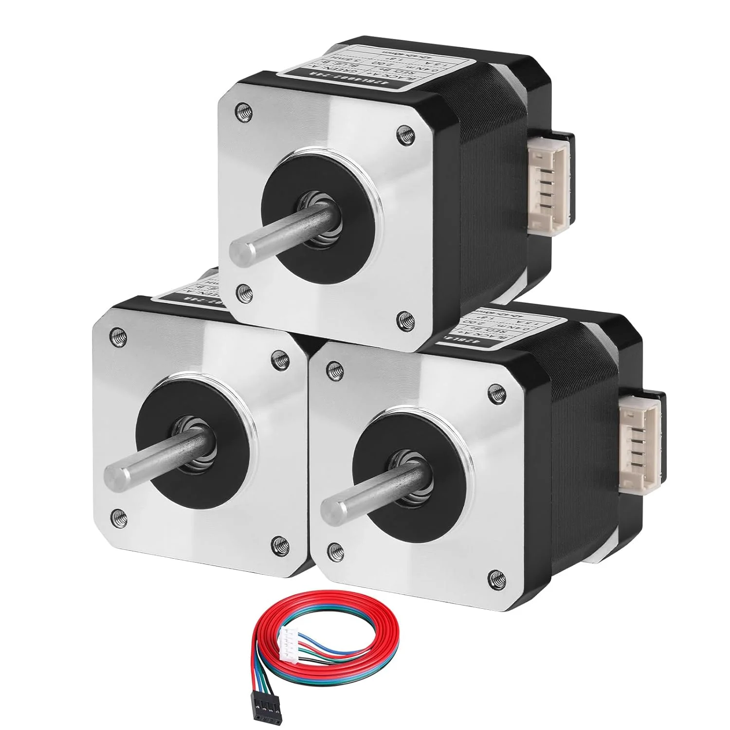 موتور پله ای Nema 17، 3 عددی، 2 فاز، 1.8 درجه، 0.41 نیوتن متر (58.06 اونس-اینچ)، گشتاور بالا، دو قطبی 40 میلی متر، 2.0 اهم، 1.5 آمپر، 4 سیم، شفت 24 میلی متر φ5 میلی متر، کابل موتور پله ای 42، 1 متری برای پرینتر سه بعدی، دستگاه CNC، ربات DIY