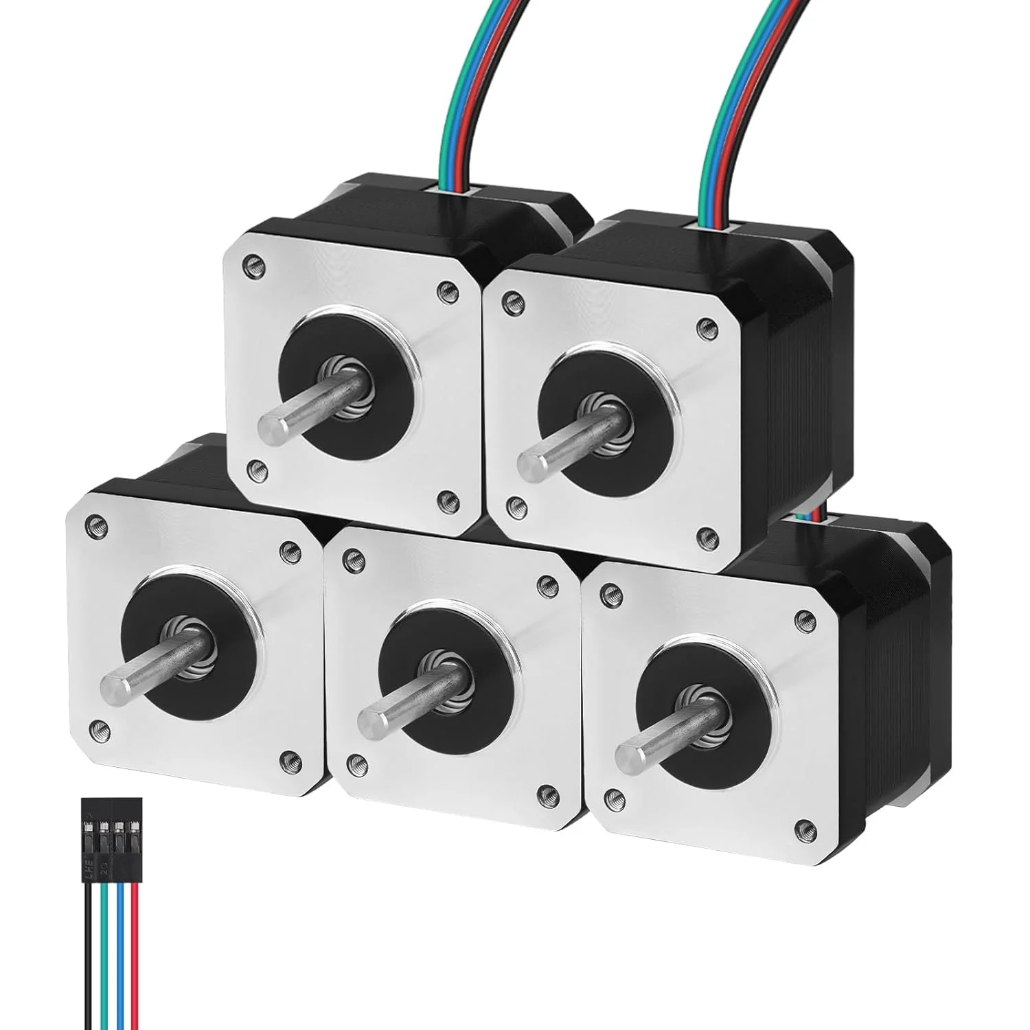 موتور پله‌ای Nema 17، 5 عددی، 2 فاز، 1.8 درجه، 0.41 نیوتن‌متر، گشتاور بالا، دو قطبی 40 میلی‌متری، 1.5 آمپر، 2.0 اهم، 4 سیم، شفت 24 میلی‌متری φ5 میلی‌متری، کابل 1 متری موتور پله‌ای 42 برای پرینتر سه بعدی، ربات DIY و دستگاه CNC