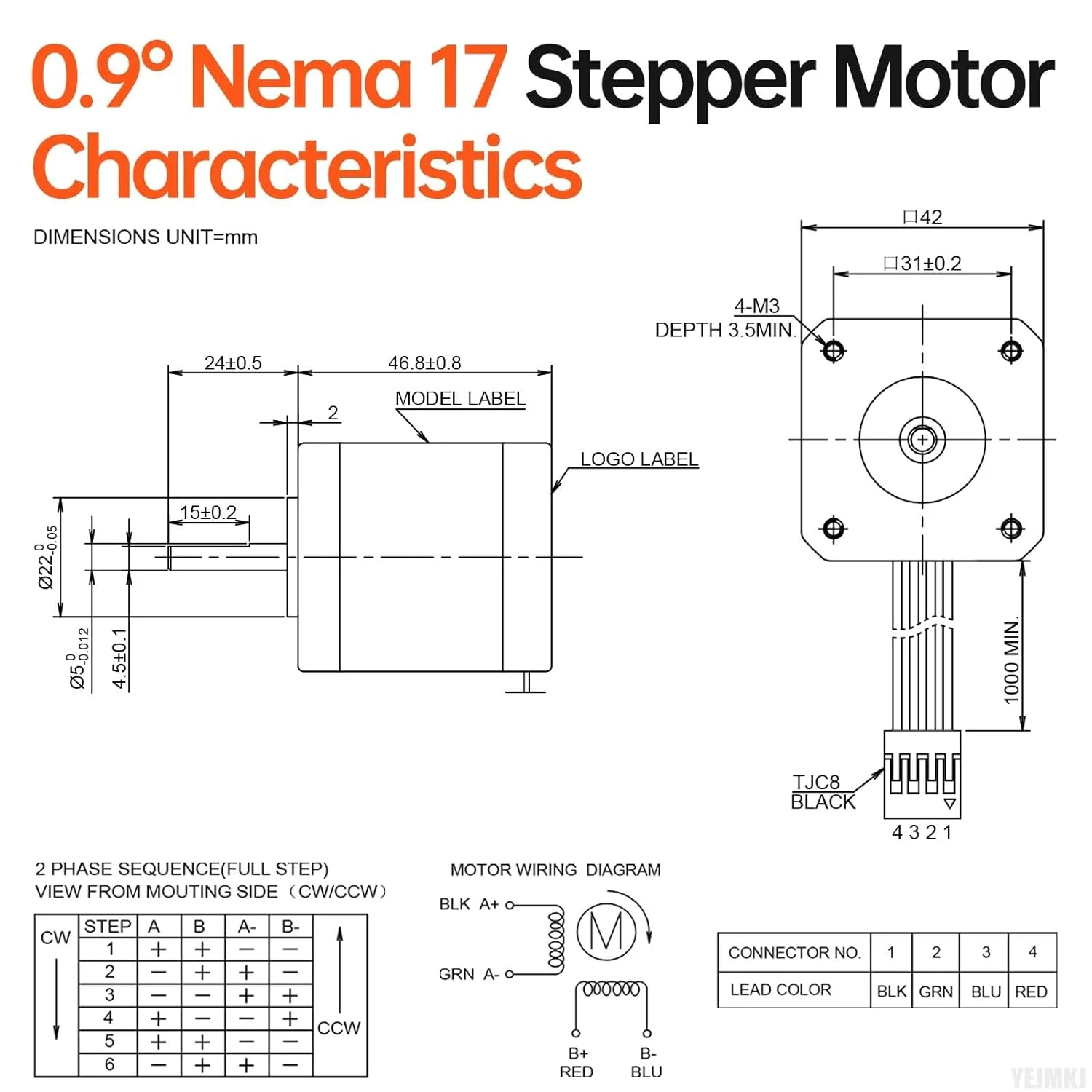 موتور پله ای 0.9° Nema 17، دو فاز، گشتاور بالا 0.42Nm (59.48oz·in)، دو قطبی 3.0Ω، 1.3A، بدنه 47mm، شفت 4 سیمه 24mm φ5mm، کابل موتور پله ای 42، 1 متری برای پرینتر سه بعدی، ربات DIY، دستگاه CNC