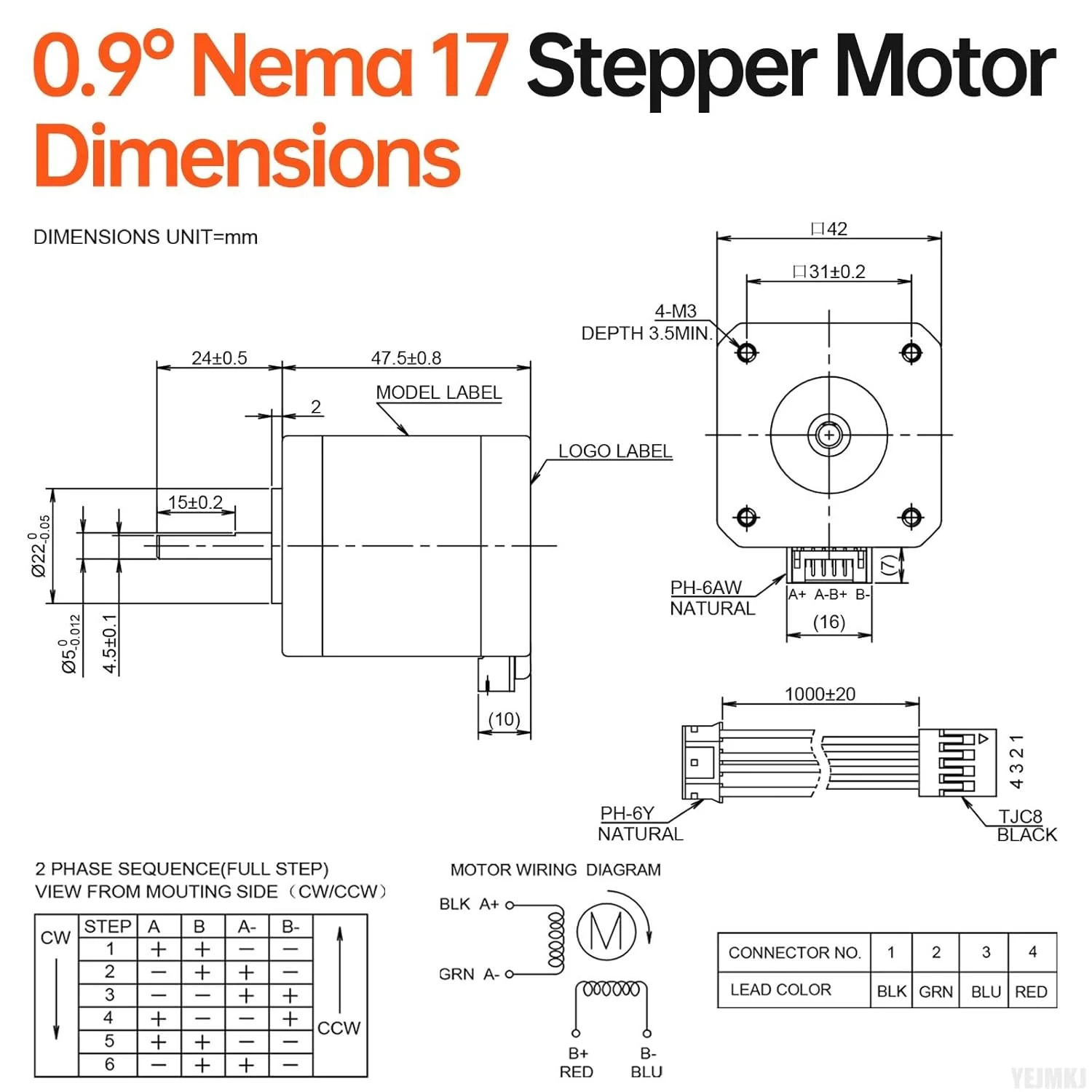 موتور پله ای 0.9° Nema 17، دو فاز، گشتاور بالا 0.42Nm (59.48oz·in)، دو قطبی 1.3A، 2.5Ω، 42x48mm، 4 سیم، شفت 24mm φ5mm، موتور پله ای 42 به همراه کابل 1 متری برای پرینتر سه بعدی، ربات DIY، دستگاه CNC