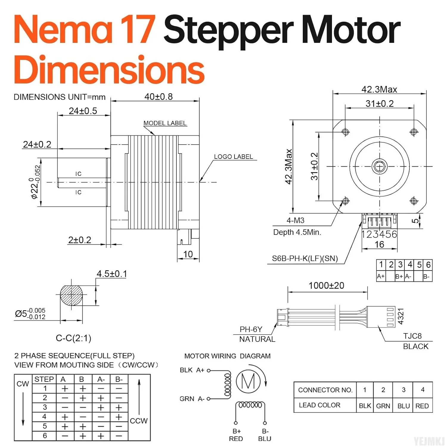 موتور پله ای Nema 17، 3 عددی، 2 فاز، 1.8 درجه، 0.41 نیوتن متر (58.06 اونس-اینچ)، گشتاور بالا، دو قطبی 40 میلی متر، 2.0 اهم، 1.5 آمپر، 4 سیم، شفت 24 میلی متر φ5 میلی متر، کابل موتور پله ای 42، 1 متری برای پرینتر سه بعدی، دستگاه CNC، ربات DIY