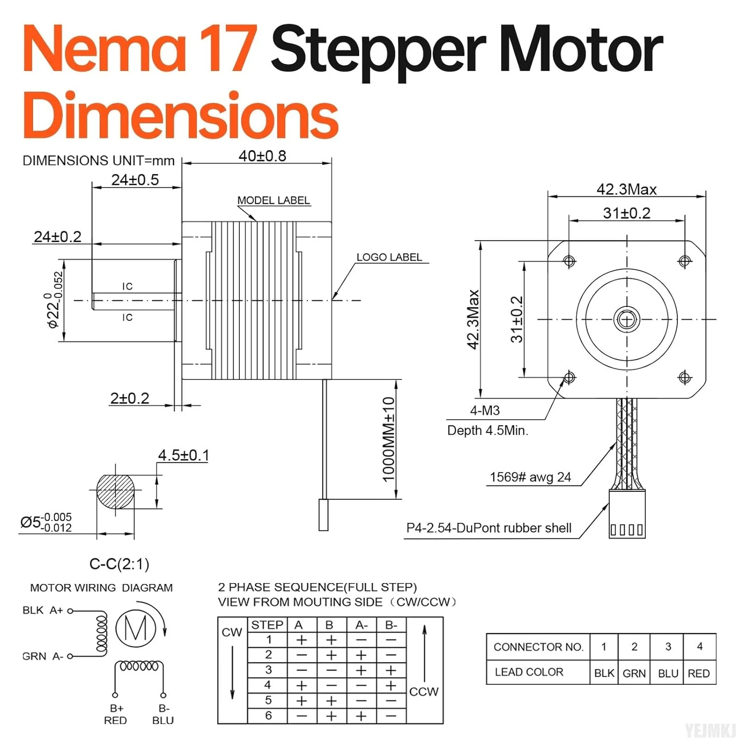موتور پله‌ای Nema 17، 5 عددی، 2 فاز، 1.8 درجه، 0.41 نیوتن‌متر، گشتاور بالا، دو قطبی 40 میلی‌متری، 1.5 آمپر، 2.0 اهم، 4 سیم، شفت 24 میلی‌متری φ5 میلی‌متری، کابل 1 متری موتور پله‌ای 42 برای پرینتر سه بعدی، ربات DIY و دستگاه CNC