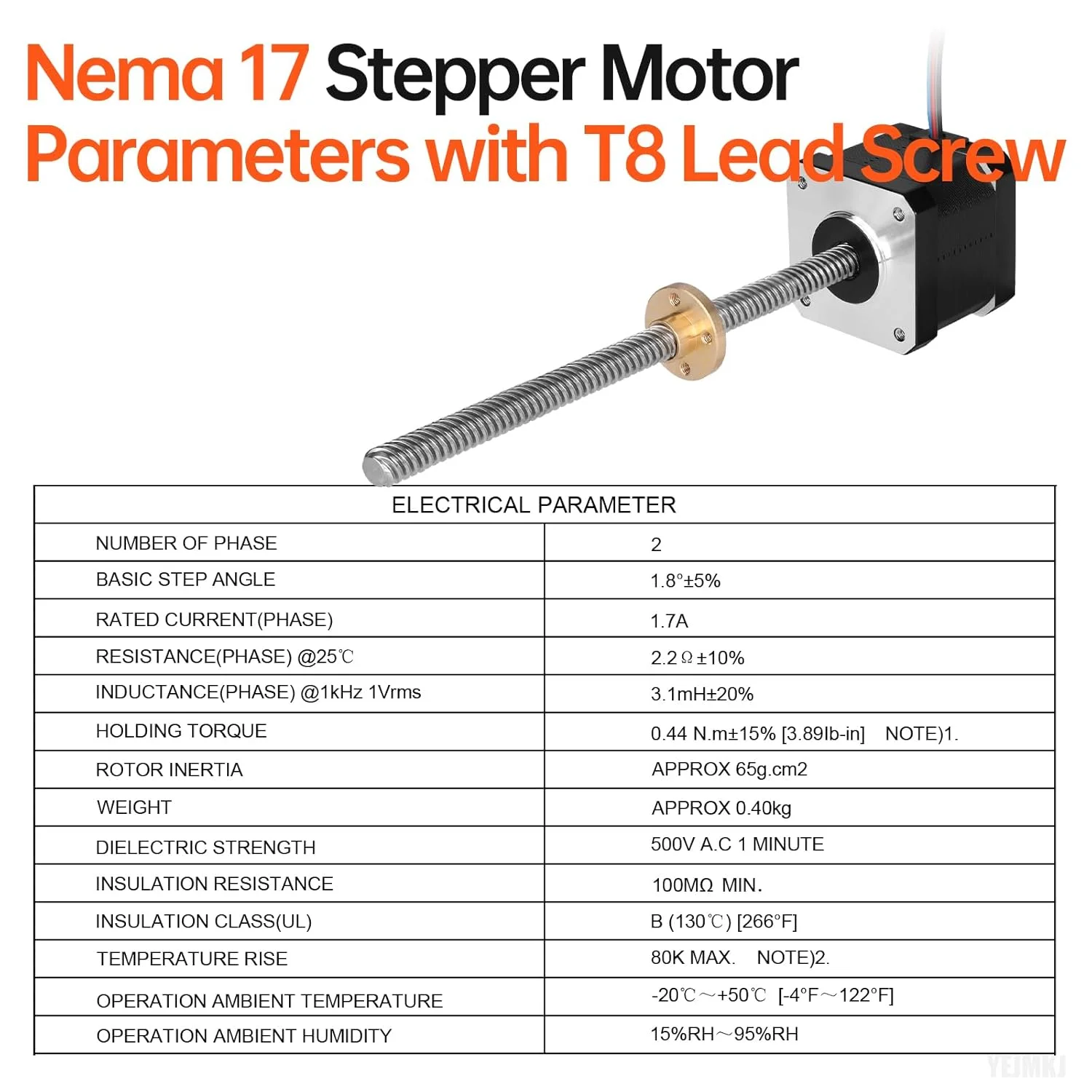 موتور پله ای Nema 17 مدل TR8x8 با پیچ سربی T8 به طول 300 میلی متر، 1.8 درجه، 2 فاز، گشتاور بالا 0.44 نیوتن متر، دو قطبی 1.7 آمپر، 2.2 اهم، 42x39 میلی متر، 4 سیم به همراه کابل 1 متری برای پرینتر سه بعدی، ربات DIY و دستگاه CNC