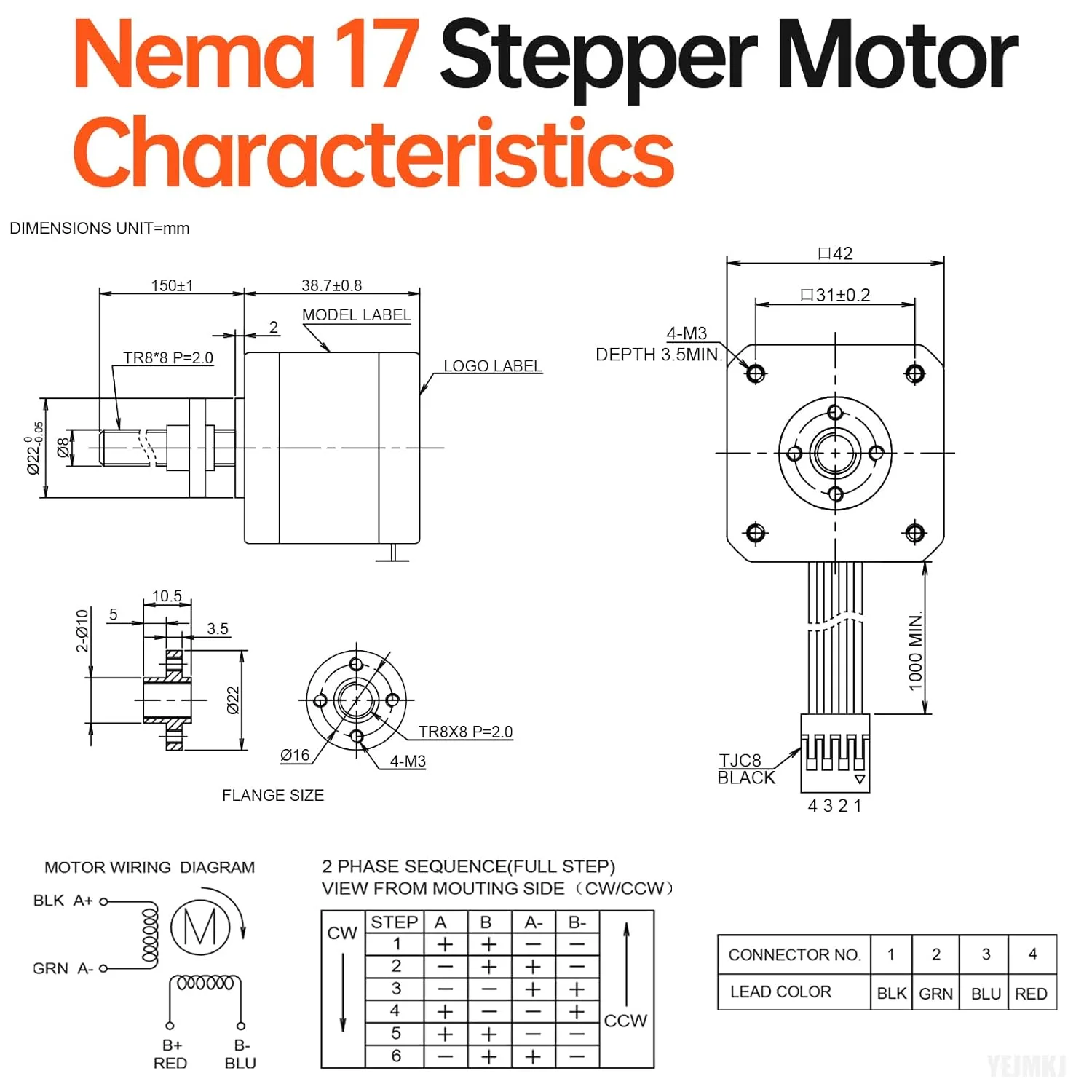 موتور پله‌ای Nema 17 TR8x8 150mm با پیچ سربی T8، ۱.۸ درجه، ۲ فاز، گشتاور بالا ۰.۴۴Nm (۶۲.۳۱oz·in)، دوقطبی ۱.۷A، ۲.۲Ω، ۴۲x۳۹mm، ۴ سیم با کابل ۱ متری برای پرینتر سه بعدی، ربات DIY، دستگاه CNC