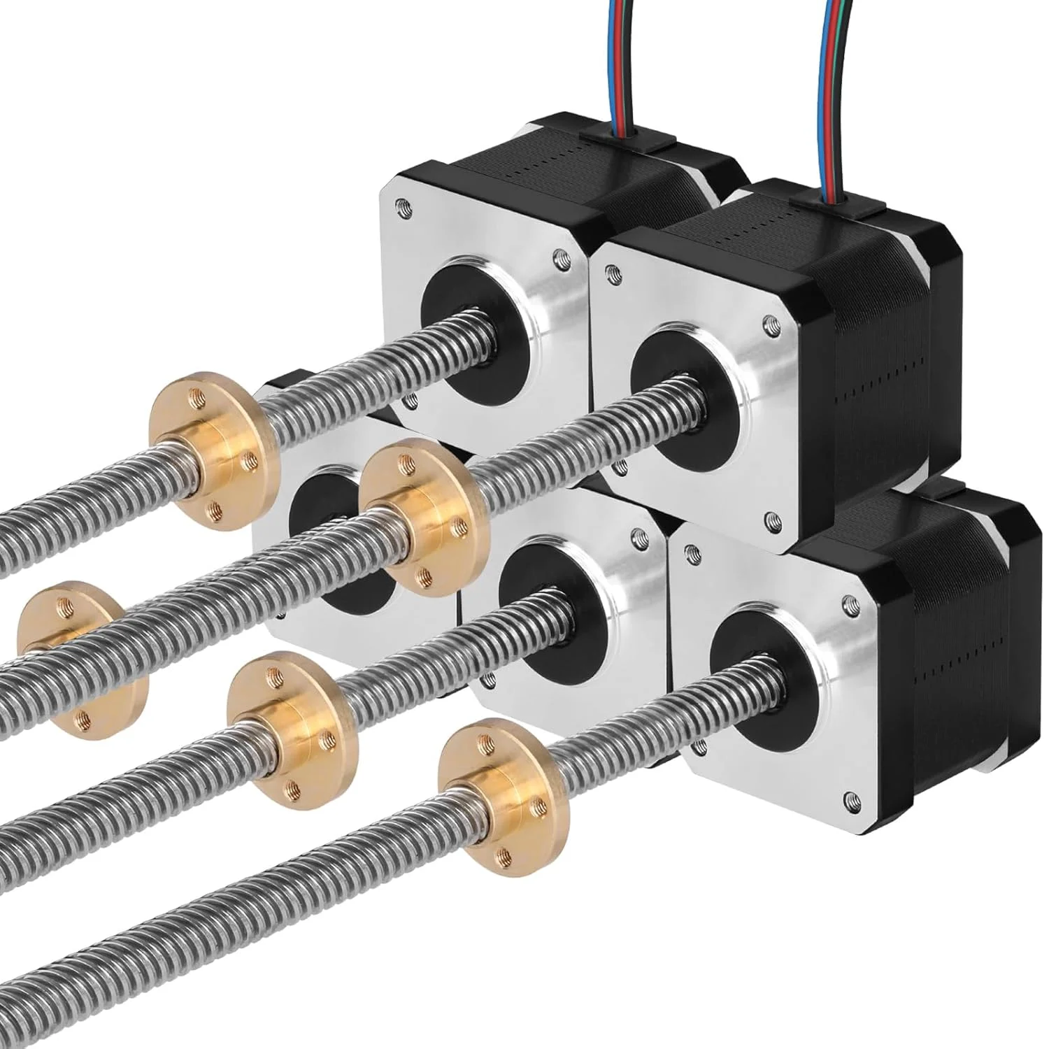 مجموعه 5 عددی موتور پله ای Nema 17 مدل TR8x8 350mm به همراه پیچ سربی T8 با زاویه پله 1.8 درجه، 2 فاز، گشتاور بالا 0.44Nm (62.31oz·in)، جریان 1.7A، مقاومت 2.2Ω، دو قطبی 42x39mm، کابل 4 سیمه 1 متری برای پرینتر سه بعدی، ربات DIY و دستگاه CNC