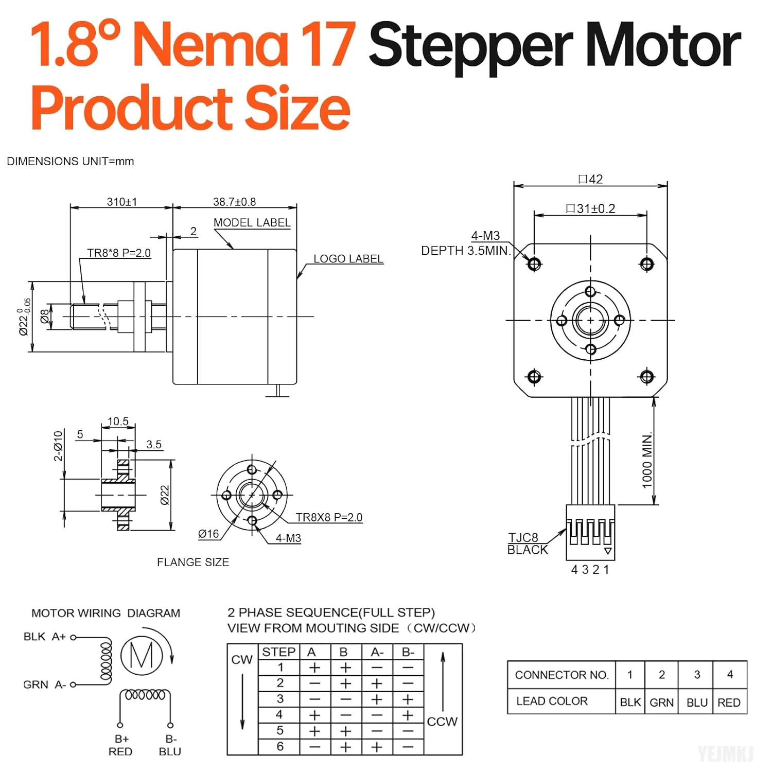 موتور پله‌ای Nema 17 مدل TR8x8 با پیچ سربی T8 به طول 310 میلی‌متر، 2 فاز، 1.8 درجه، گشتاور بالا 0.44 نیوتن‌متر (62.31 اونس-اینچ)، دو قطبی 1.7 آمپر 2.2 اهم 42x39 میلی‌متر 4 سیم با کابل 1 متری برای پرینتر سه بعدی، ربات DIY و دستگاه CNC