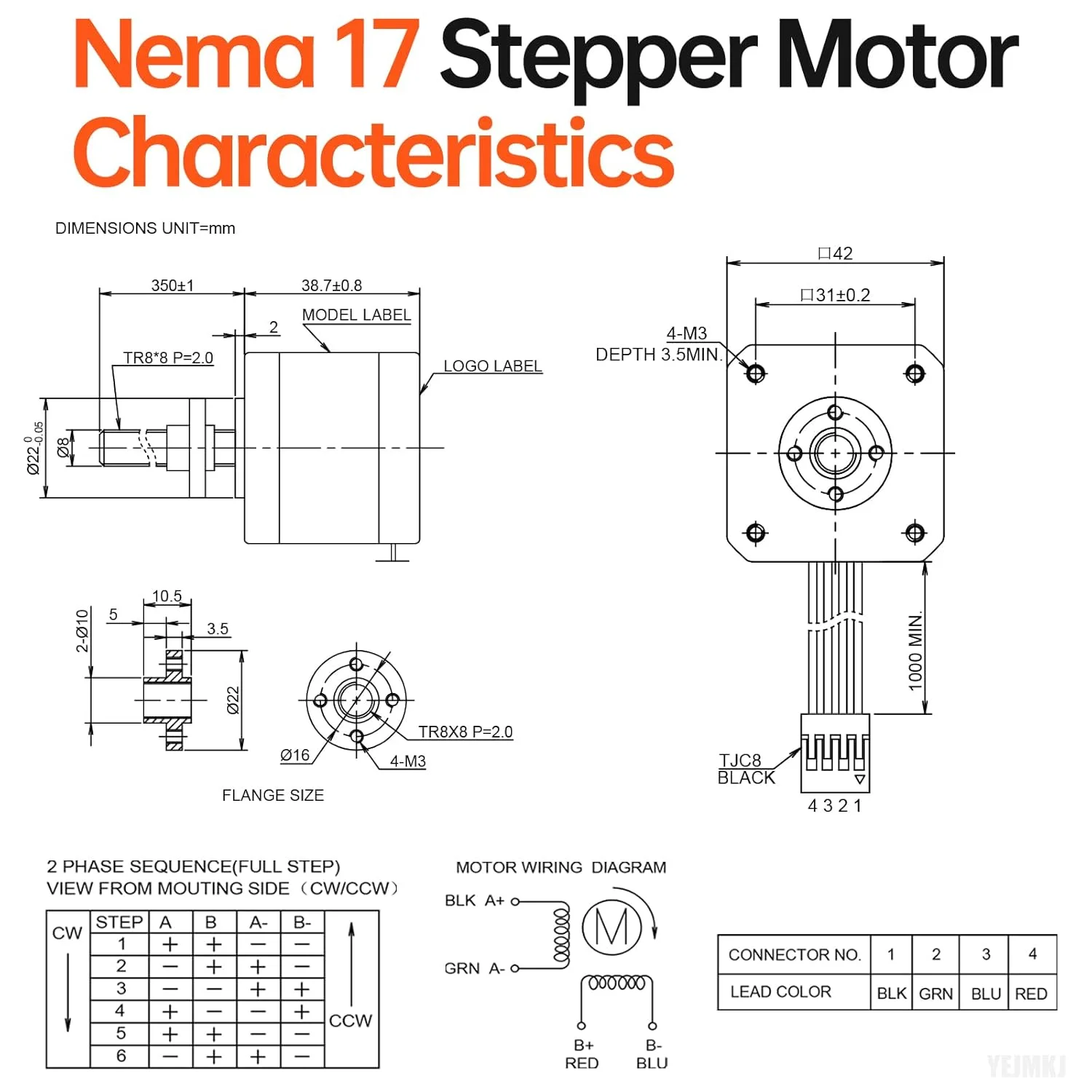 مجموعه 5 عددی موتور پله ای Nema 17 مدل TR8x8 350mm به همراه پیچ سربی T8 با زاویه پله 1.8 درجه، 2 فاز، گشتاور بالا 0.44Nm (62.31oz·in)، جریان 1.7A، مقاومت 2.2Ω، دو قطبی 42x39mm، کابل 4 سیمه 1 متری برای پرینتر سه بعدی، ربات DIY و دستگاه CNC