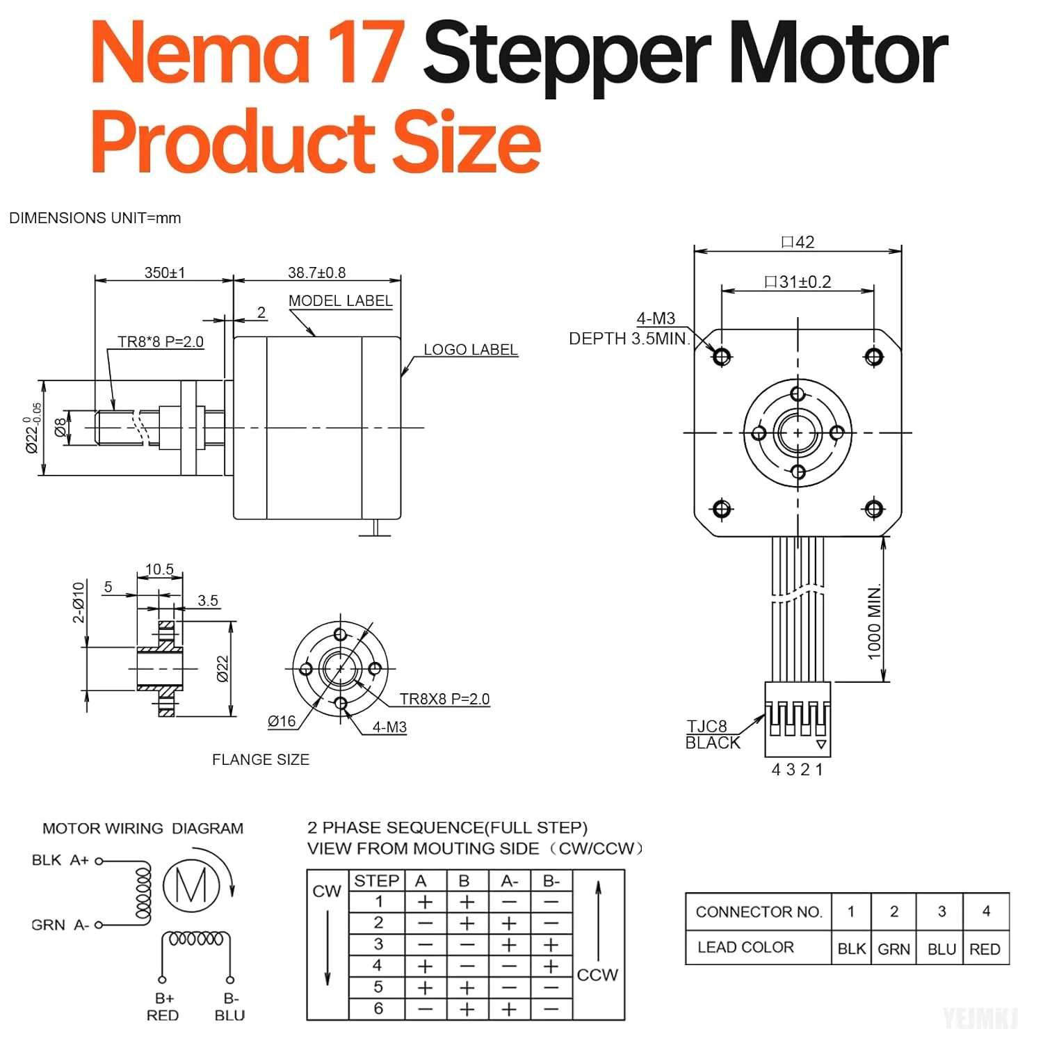 موتور پله ای Nema 17 مدل TR8x8 350mm به همراه پیچ سربی T8 با زاویه گام 1.8 درجه، 2 فاز، گشتاور بالا 0.44Nm (62.31oz·in)، دو قطبی 1.7A، 2.2Ω، 42x39mm، 4 سیم به همراه کابل 1 متری برای پرینتر سه بعدی، ربات DIY و دستگاه CNC