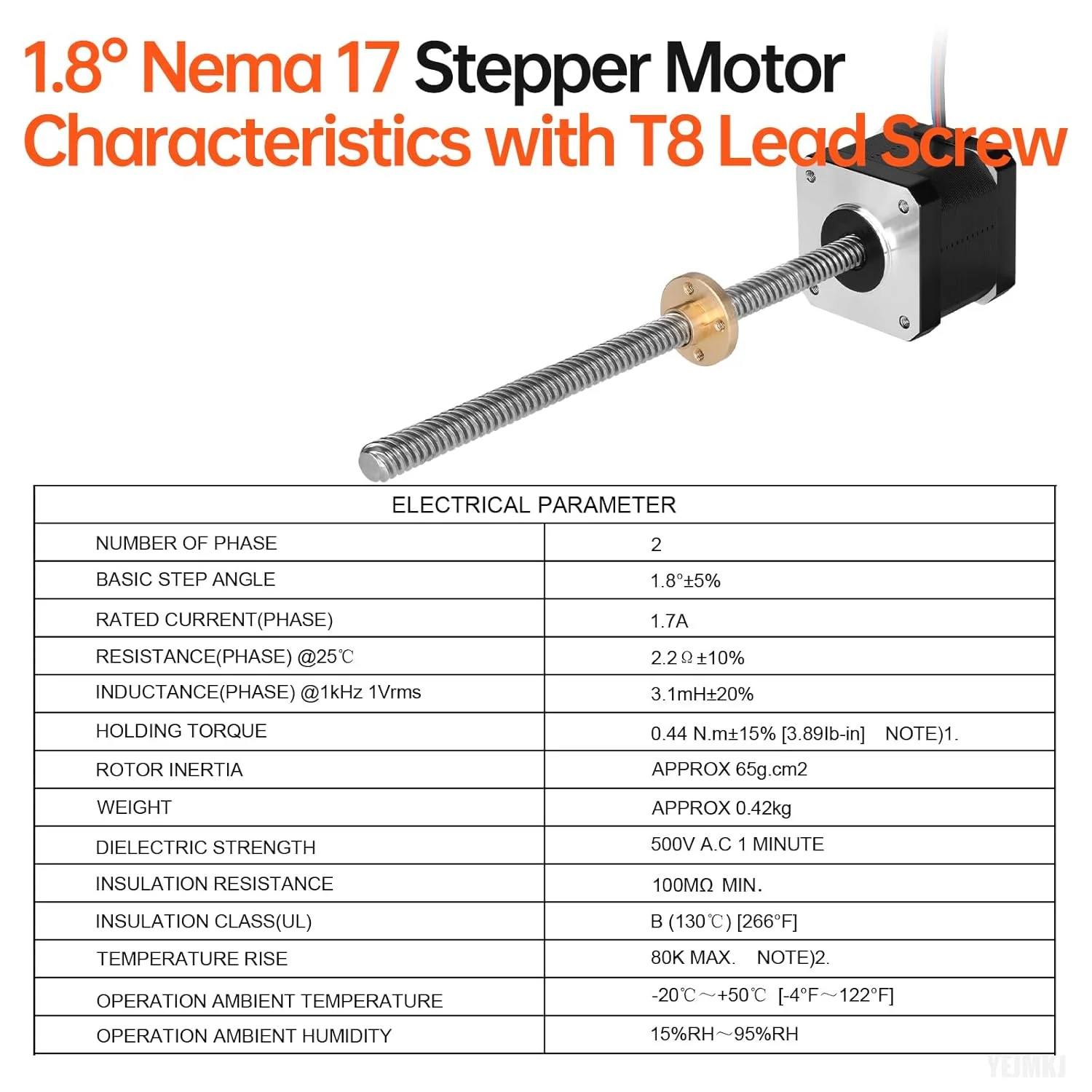 موتور پله ای Nema 17 مدل TR8x8 350mm به همراه پیچ سربی T8 با زاویه گام 1.8 درجه، 2 فاز، گشتاور بالا 0.44Nm (62.31oz·in)، دو قطبی 1.7A، 2.2Ω، 42x39mm، 4 سیم به همراه کابل 1 متری برای پرینتر سه بعدی، ربات DIY و دستگاه CNC