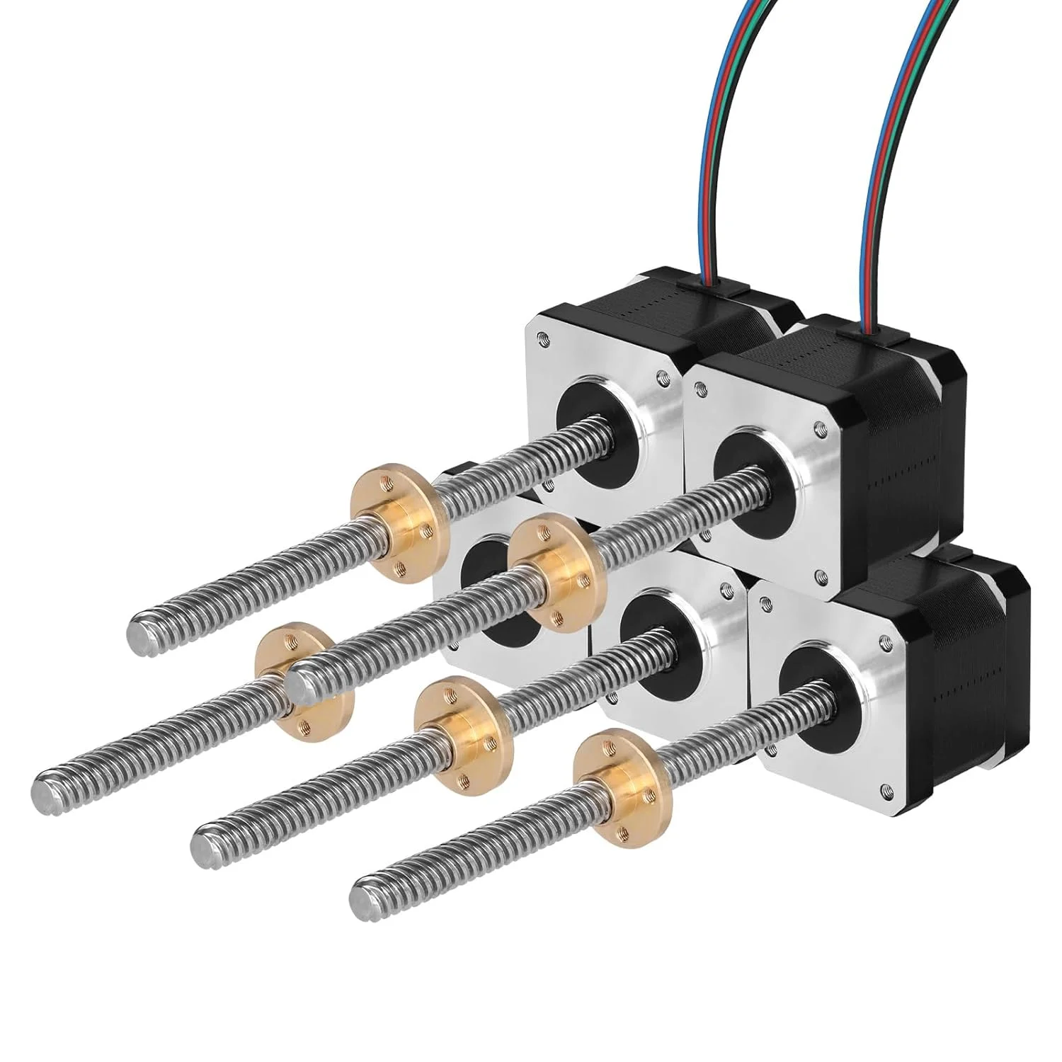 مجموعه 5 عددی موتور پله‌ای Nema 17 مدل TR8x8 200mm به همراه پیچ سربی T8، دو فاز، 1.8 درجه، گشتاور بالا 0.44Nm (62.31oz·in)، 1.7A، 2.2Ω، دو قطبی 42x39mm، کابل 4 سیمه 1 متری برای پرینتر سه بعدی، ربات DIY و دستگاه CNC