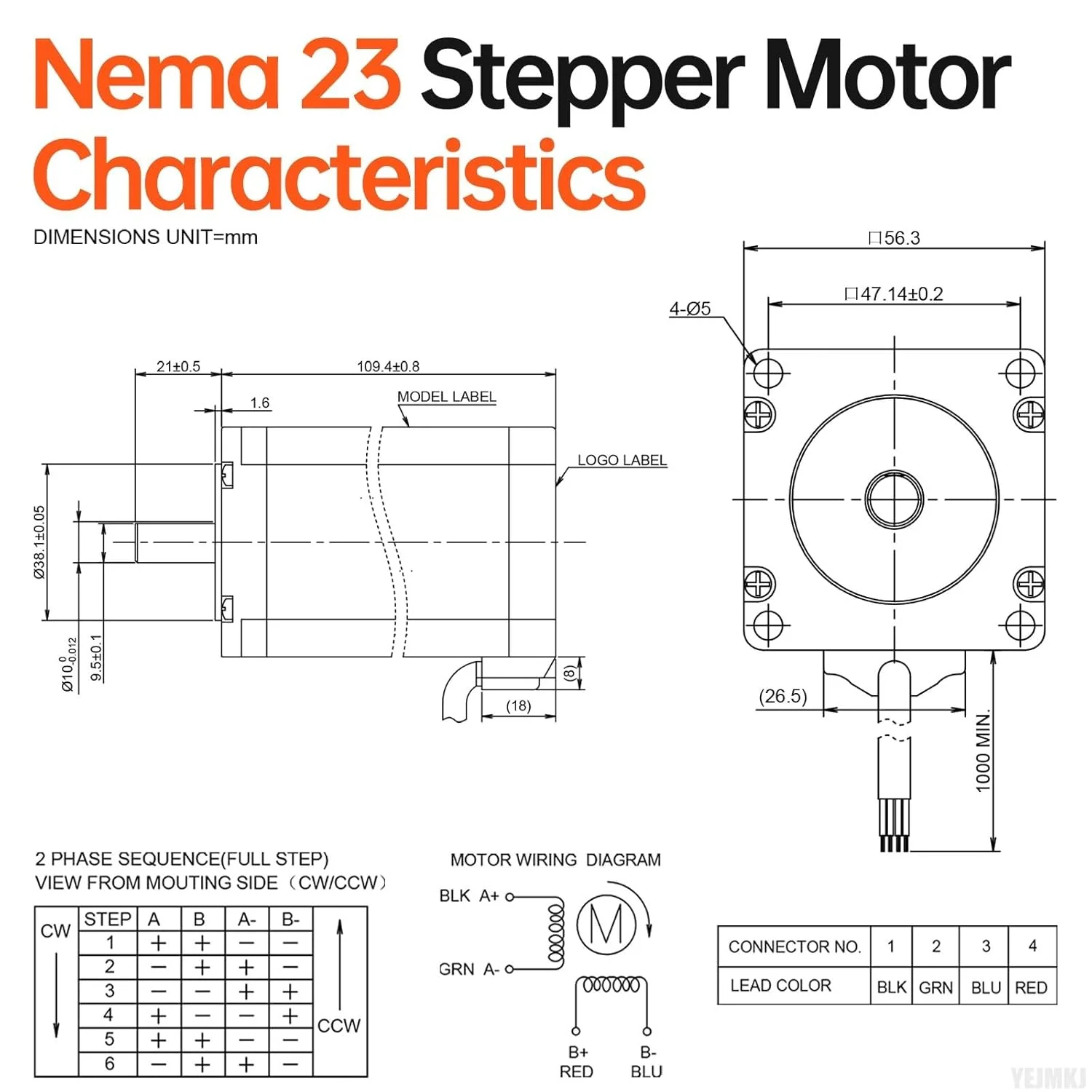 موتور پله‌ای Nema 23، دو فاز، ۱.۸ درجه، ۳.۵ نیوتن‌متر (۴۹۵.۶۴ اونس-اینچ)، گشتاور بالا، دو قطبی، ۱۱۰ میلی‌متر، ۴.۲ آمپر، ۱.۰ اهم، ۴ سیم، شفت ۲۱ میلی‌متر φ۸ میلی‌متر، کابل موتور پله‌ای ۵۷ به طول ۱ متر برای دستگاه CNC، تراش، پرینتر سه بعدی، ربات DIY.