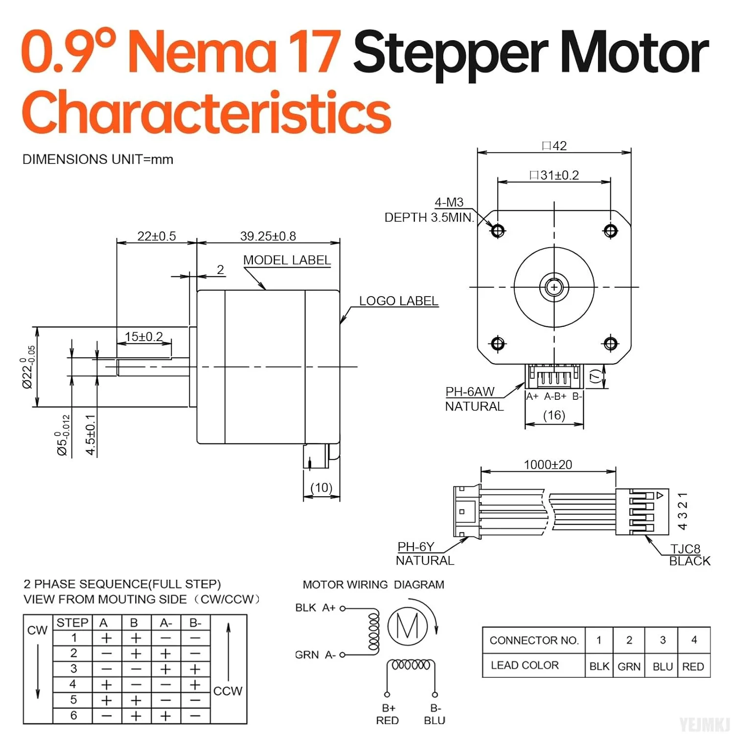 موتور پله ای 0.9 درجه Nema 17، 2 فاز، گشتاور بالا 0.32Nm، دو قطبی 2.1Ω، 1.3A، بدنه 40mm، 4 سیم، شفت 22mm φ5mm، کابل موتور پله ای 42، 1 متری برای پرینتر سه بعدی، ربات DIY، دستگاه CNC