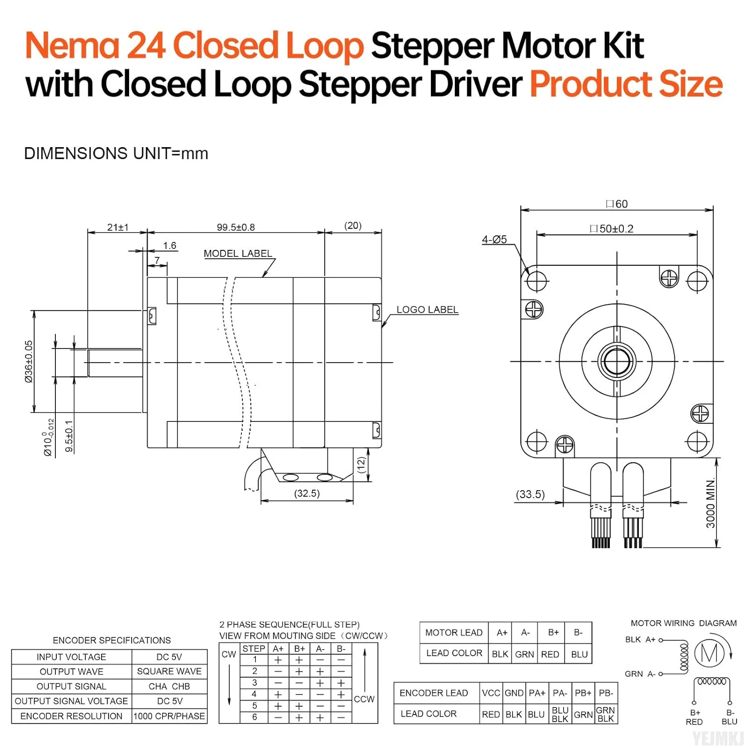 کیت موتور پله‌ای حلقه بسته Nema 24 با درایور موتور پله‌ای حلقه بسته 1.8 درجه 2 فاز گشتاور بالا 3.5 نیوتن‌متر (495.64 اونس·اینچ) دوقطبی 5.5 آمپر 0.9 اهم کابل 100 میلی‌متری 3 متری برای CNC تراش روتر پرینتر سه بعدی ربات DIY