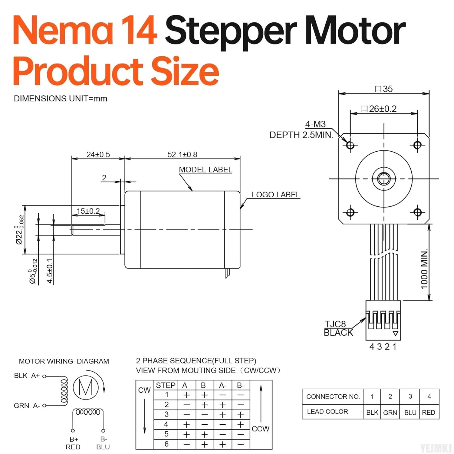 موتور پله ای Nema 14، 2 فاز، 1.8 درجه، 35Ncm (49.56oz·in)، گشتاور بالا، دو قطبی، 53mm، 2.7Ω، 1.2A، 4 سیم، شفت 24mm φ5mm، کابل موتور پله ای 35، 1 متری برای پرینتر سه بعدی، ربات DIY، دستگاه CNC