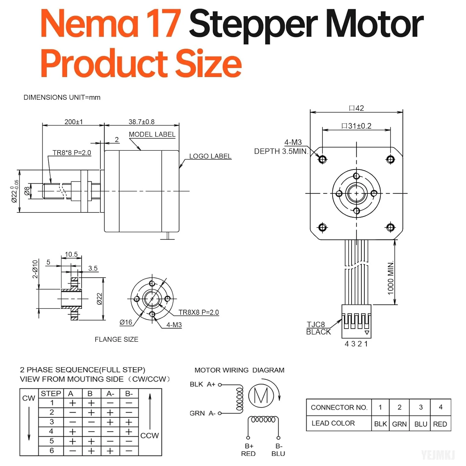 مجموعه 5 عددی موتور پله‌ای Nema 17 مدل TR8x8 200mm به همراه پیچ سربی T8، دو فاز، 1.8 درجه، گشتاور بالا 0.44Nm (62.31oz·in)، 1.7A، 2.2Ω، دو قطبی 42x39mm، کابل 4 سیمه 1 متری برای پرینتر سه بعدی، ربات DIY و دستگاه CNC