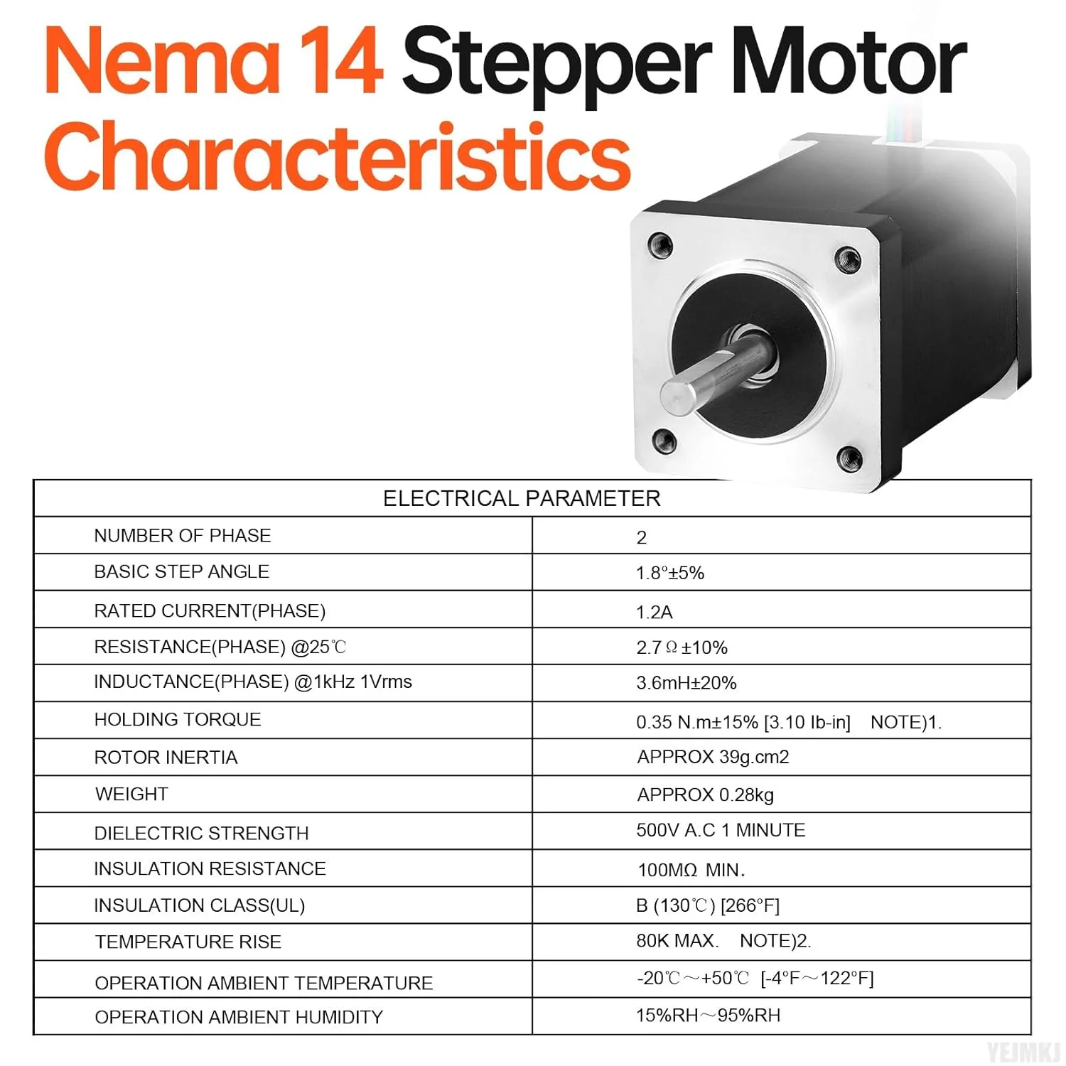 موتور پله ای Nema 14، 2 فاز، 1.8 درجه، 35Ncm (49.56oz·in)، گشتاور بالا، دو قطبی، 53mm، 2.7Ω، 1.2A، 4 سیم، شفت 24mm φ5mm، کابل موتور پله ای 35، 1 متری برای پرینتر سه بعدی، ربات DIY، دستگاه CNC