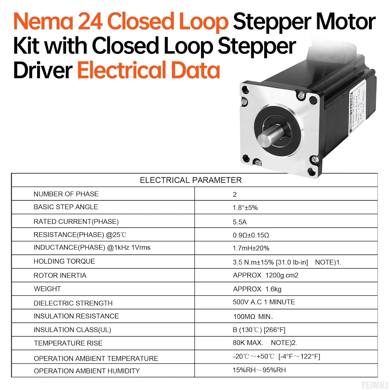 کیت موتور پله‌ای حلقه بسته Nema 24 با درایور موتور پله‌ای حلقه بسته 1.8 درجه 2 فاز گشتاور بالا 3.5 نیوتن‌متر (495.64 اونس·اینچ) دوقطبی 5.5 آمپر 0.9 اهم کابل 100 میلی‌متری 3 متری برای CNC تراش روتر پرینتر سه بعدی ربات DIY