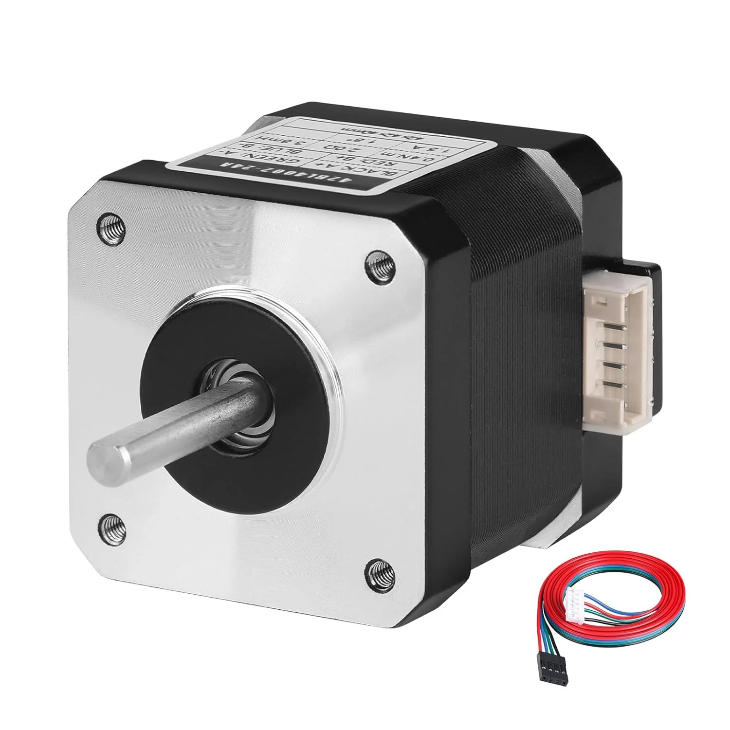 موتور پله‌ای Nema 17، 1.8 درجه، 2 فاز، گشتاور بالا 0.41 نیوتن‌متر، دو قطبی 42x40 میلی‌متر، 1.5 آمپر، 2.0 اهم، 4 سیم، شفت 24 میلی‌متر φ5 میلی‌متر، موتور پله‌ای 42 به همراه کابل 1 متری برای پرینتر سه بعدی، ربات DIY، دستگاه CNC