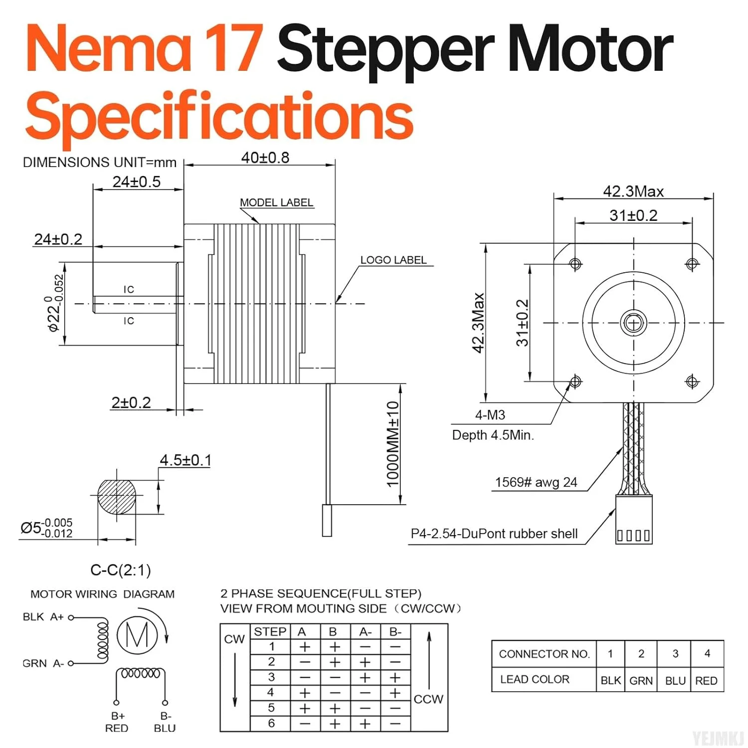 موتور پله‌ای Nema 17، 1.8 درجه، 2 فاز، گشتاور بالا 0.41 نیوتن‌متر (58.06oz·in)، دوقطبی 42x40 میلی‌متر، 1.5 آمپر، 2.0Ω، 4 سیم، شفت 24 میلی‌متر φ5 میلی‌متر، کابل موتور پله‌ای 42، 1 متری برای پرینتر سه بعدی، ربات DIY، دستگاه CNC