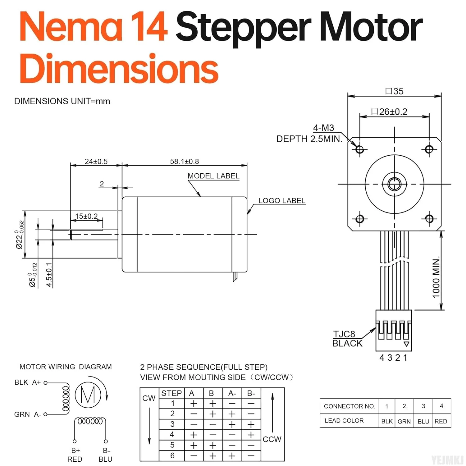 موتور پله‌ای Nema 14، دو فاز، ۱.۸ درجه، ۴۱Ncm (۵۸.۰۶oz·in)، گشتاور بالا، دو قطبی، ۵۹mm، ۱.۲A، ۳.۵Ω، ۴ سیم، شفت ۲۴mm φ۵mm، موتور پله‌ای ۳۵ به همراه کابل ۱ متری برای پرینتر سه بعدی، ربات DIY، ماشین CNC