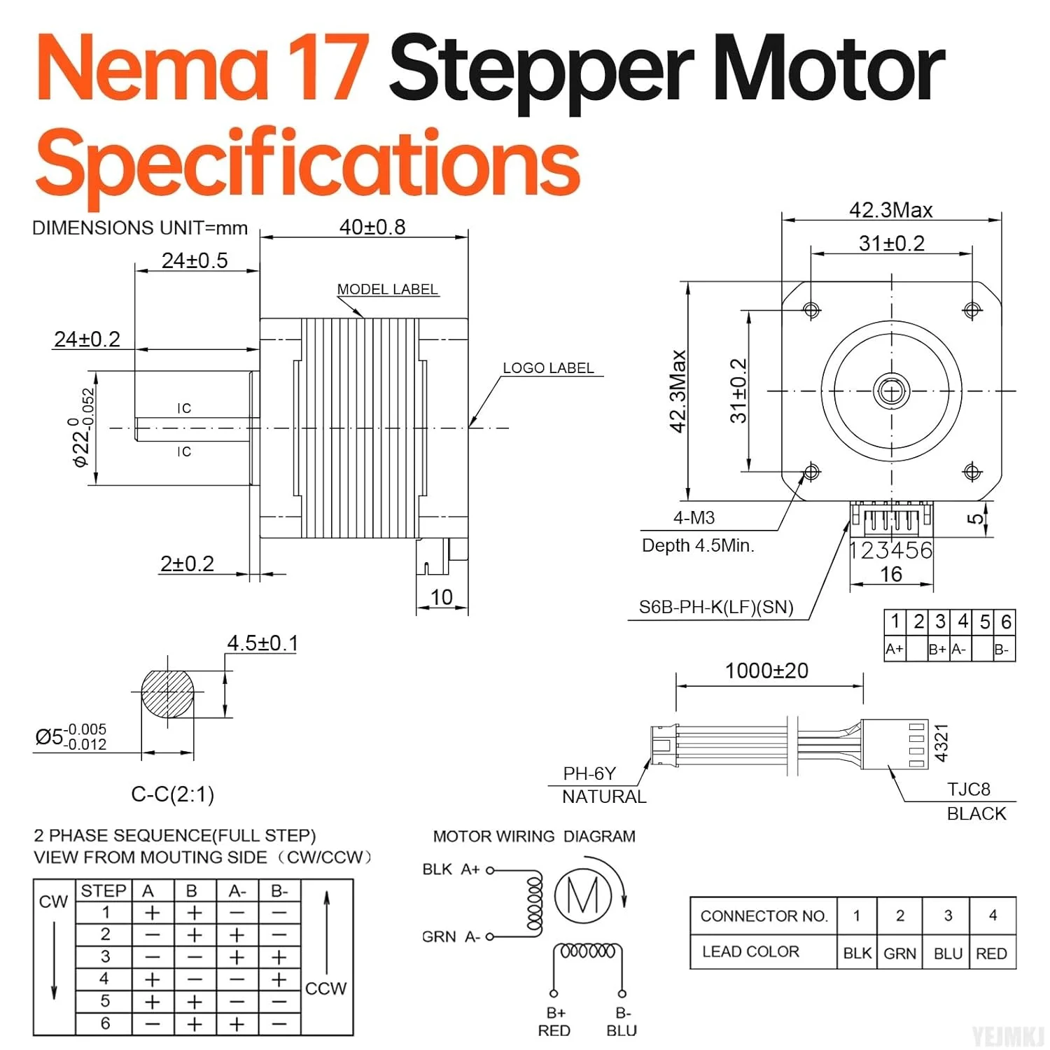 بسته 10 عددی موتور پله‌ای Nema 17، 1.8 درجه، 2 فاز، گشتاور بالا 0.41 نیوتن‌متر، دو قطبی 42x40 میلی‌متر، 1.5 آمپر، 2.0 اهم، 4 سیمه، شفت 24 میلی‌متر φ5 میلی‌متر، کابل موتور پله‌ای 42 به طول 1 متر برای پرینتر سه بعدی، CNC، ربات DIY و ماشین