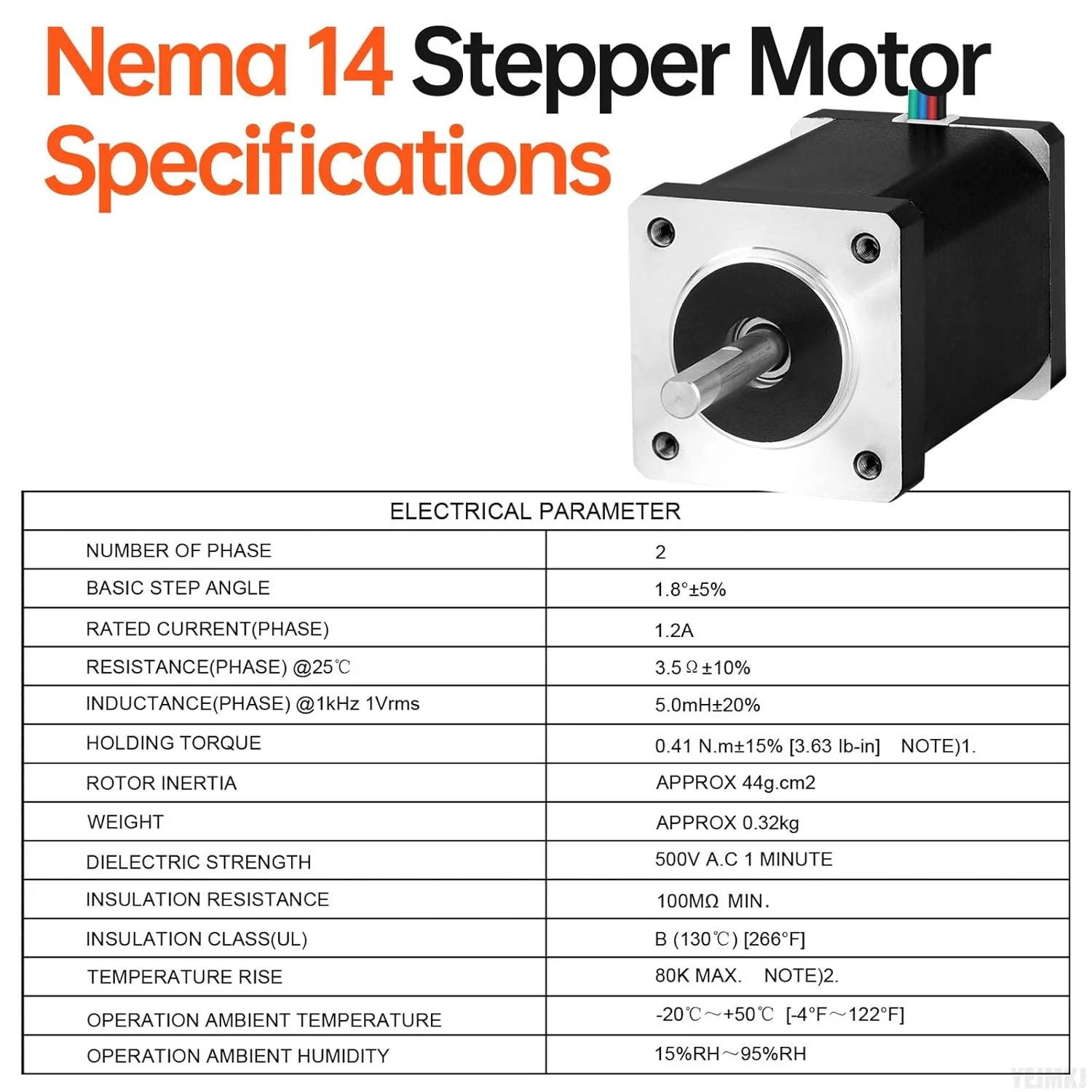 موتور پله‌ای Nema 14، دو فاز، ۱.۸ درجه، ۴۱Ncm (۵۸.۰۶oz·in)، گشتاور بالا، دو قطبی، ۵۹mm، ۱.۲A، ۳.۵Ω، ۴ سیم، شفت ۲۴mm φ۵mm، موتور پله‌ای ۳۵ به همراه کابل ۱ متری برای پرینتر سه بعدی، ربات DIY، ماشین CNC